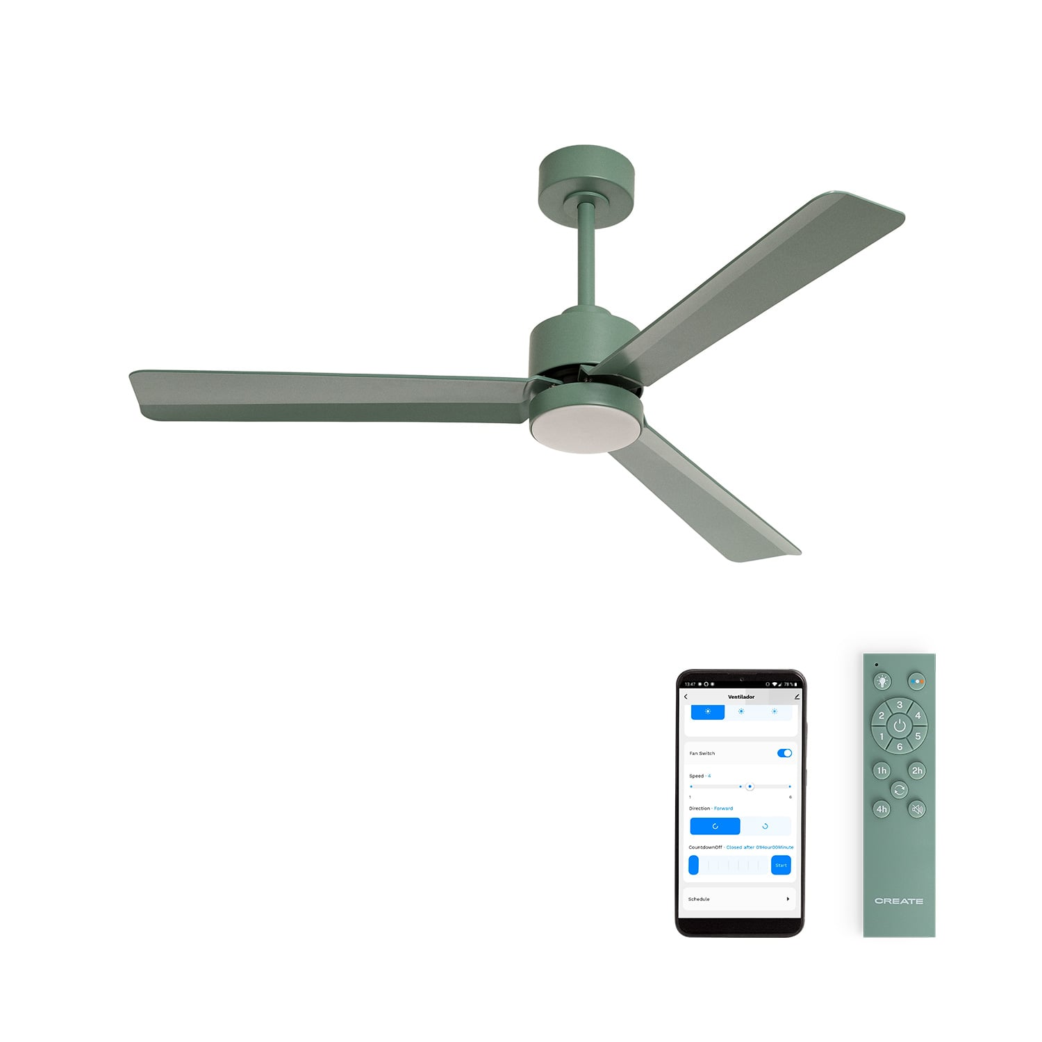 Ventilador de techo verde con mando a distancia y app móvil.