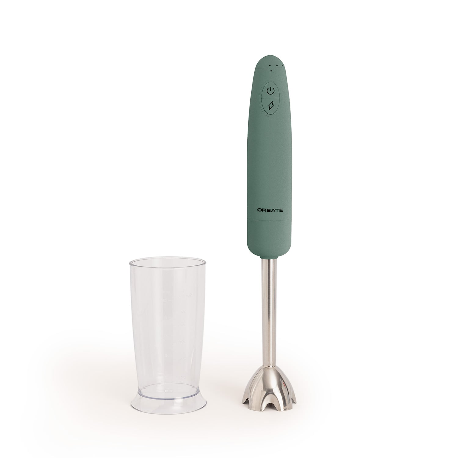 Una batidora de inmersión verde con un vaso medidor transparente sobre fondo blanco.