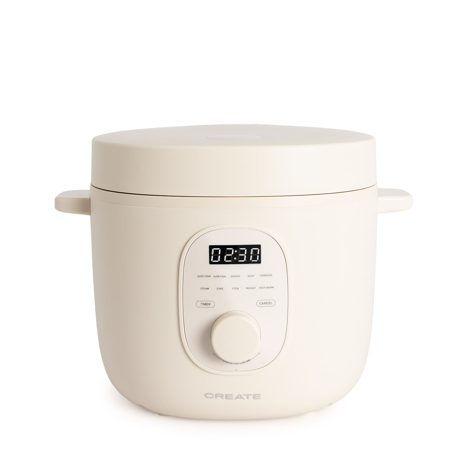 Una olla de cocina digital color crema con panel de control y temporizador.