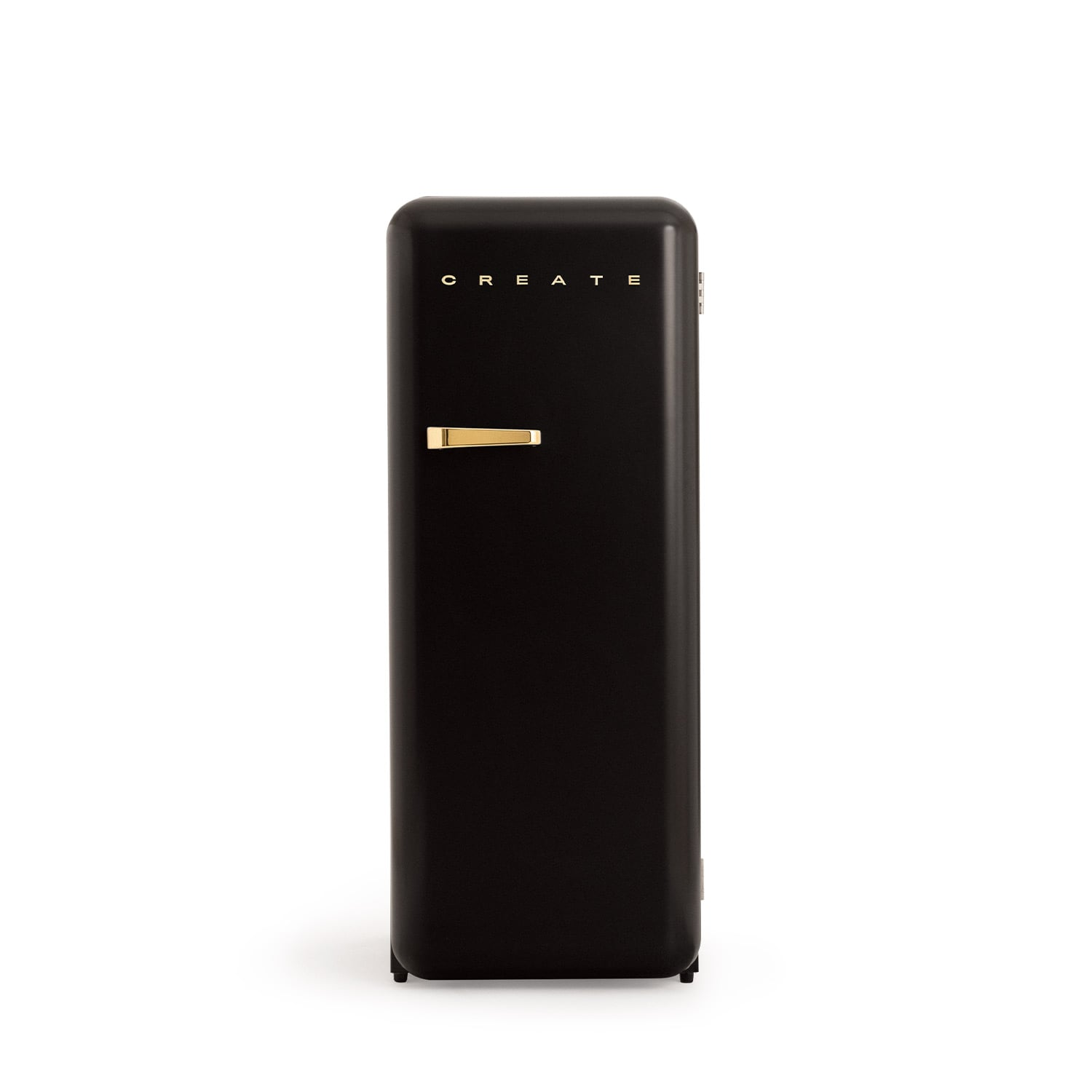 Un refrigerador negro con un asa dorada y la palabra CREATE.