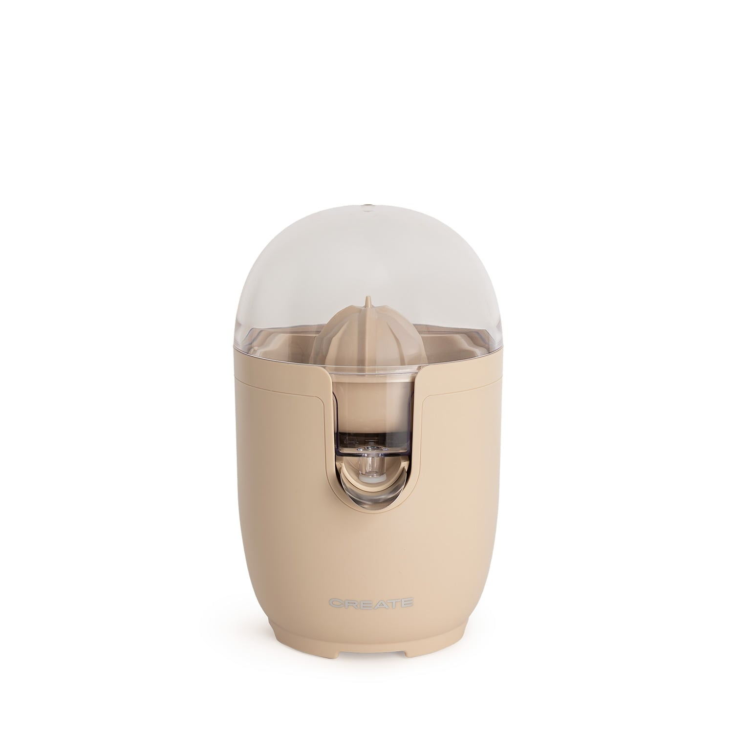Un exprimidor eléctrico beige con tapa transparente y cono exprimidor beige.