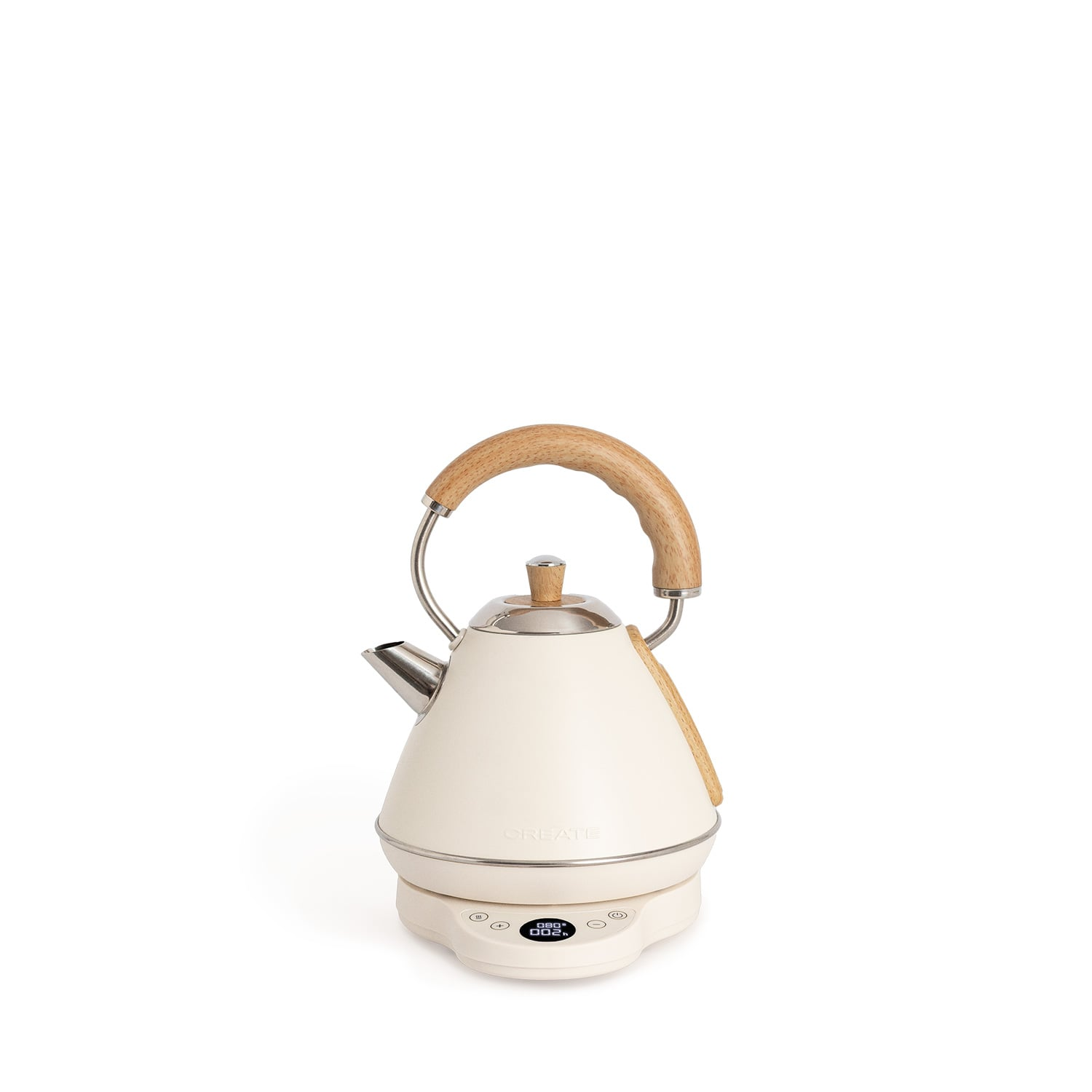 Una tetera eléctrica color crema con mango de madera se asienta sobre una base blanca con pantalla digital.