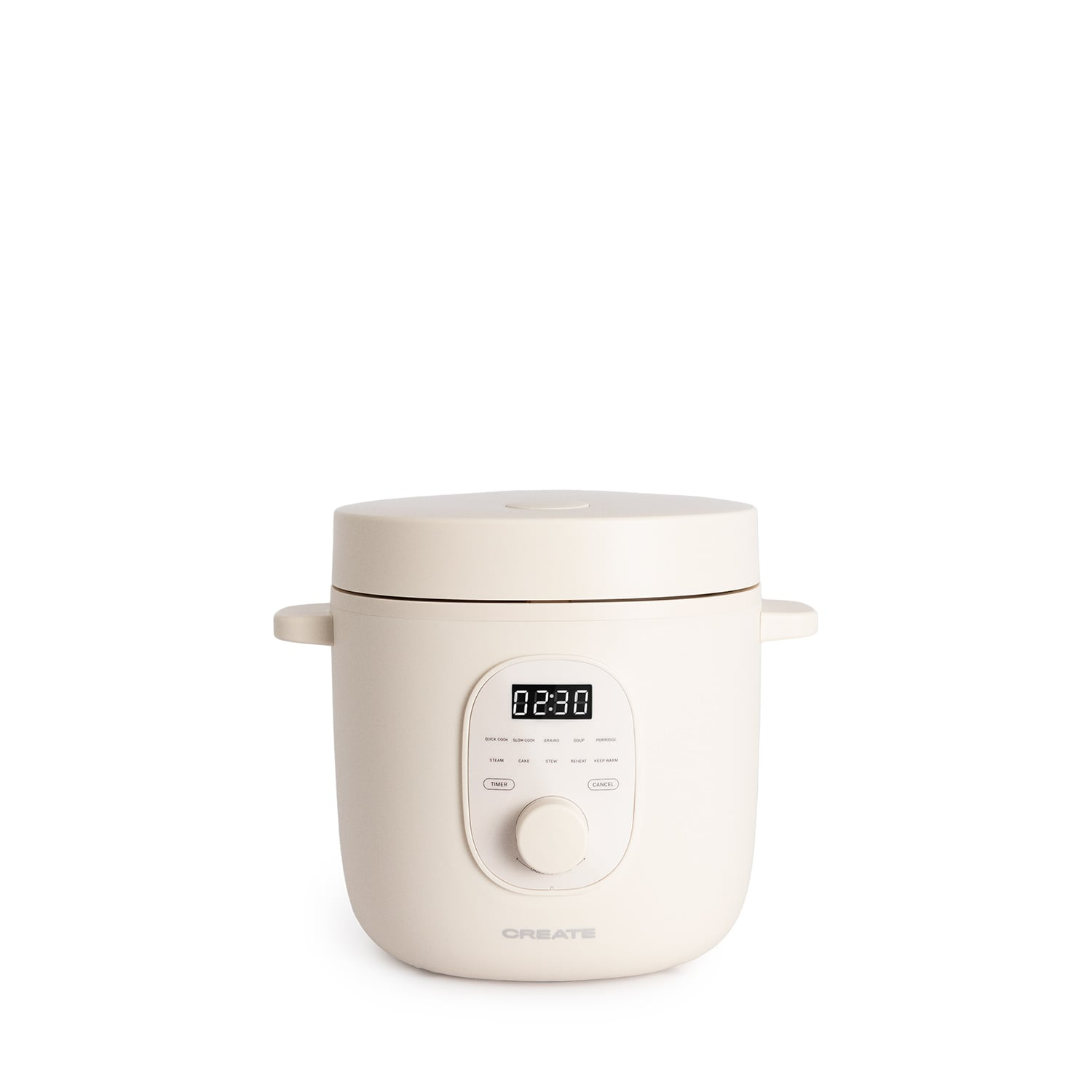 Una olla a presión eléctrica color crema con pantalla digital y mando giratorio.