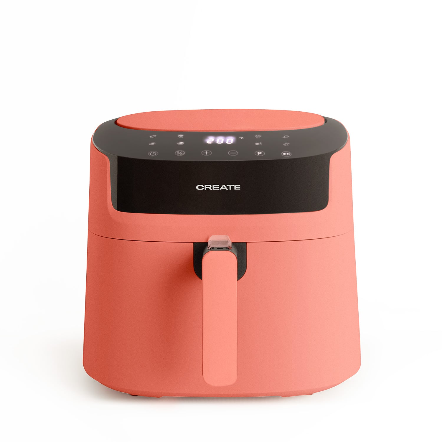 Una friggitrice ad aria color corallo con display digitale su sfondo bianco.