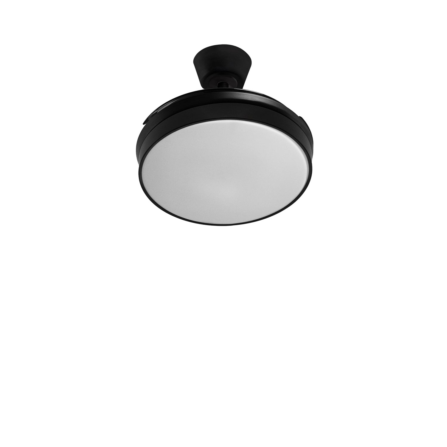 Ventilador de techo negro con una luz redonda y blanca.