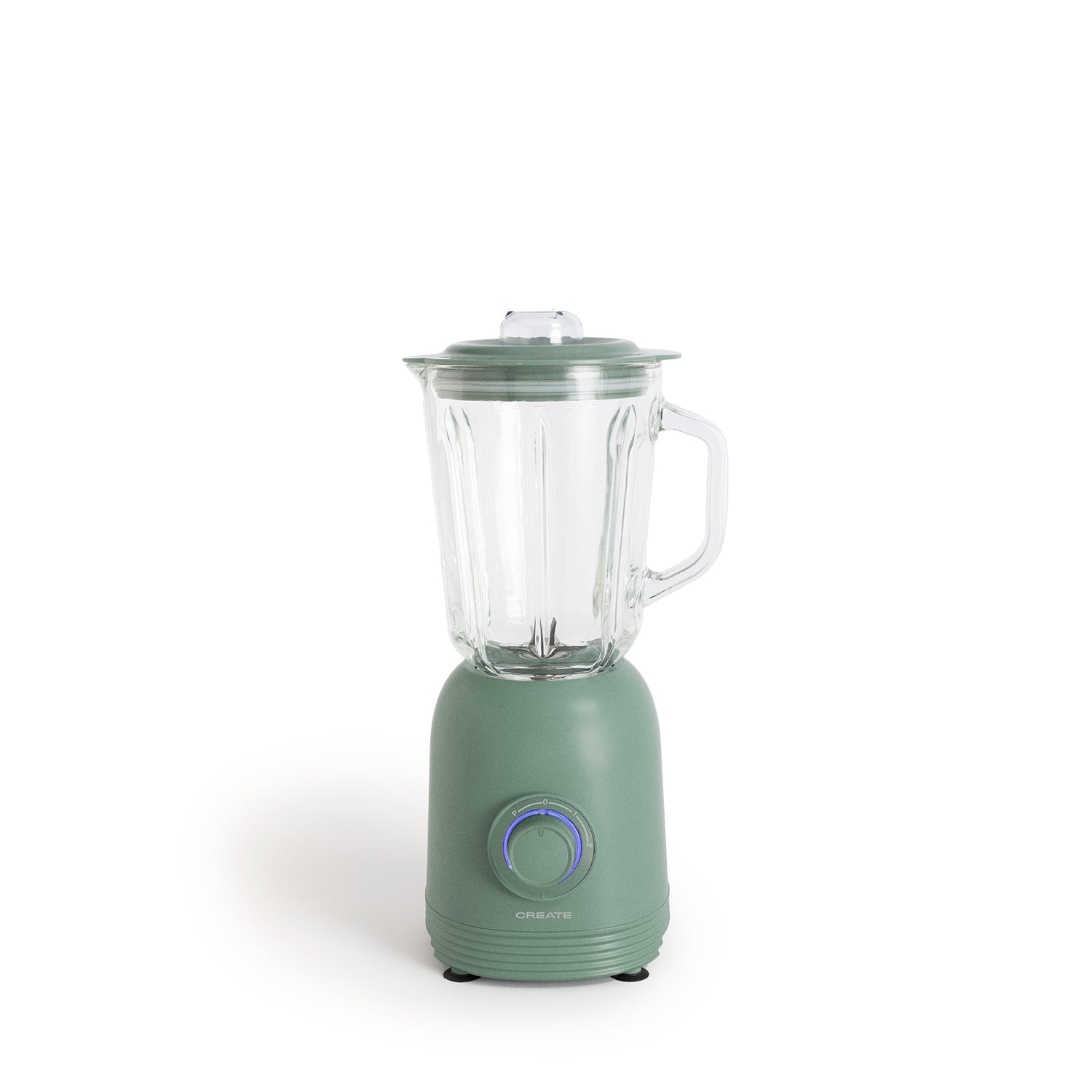Ein grüner Standmixer mit Glasbehälter und einem silbernen Drehknopf auf weißem Hintergrund.