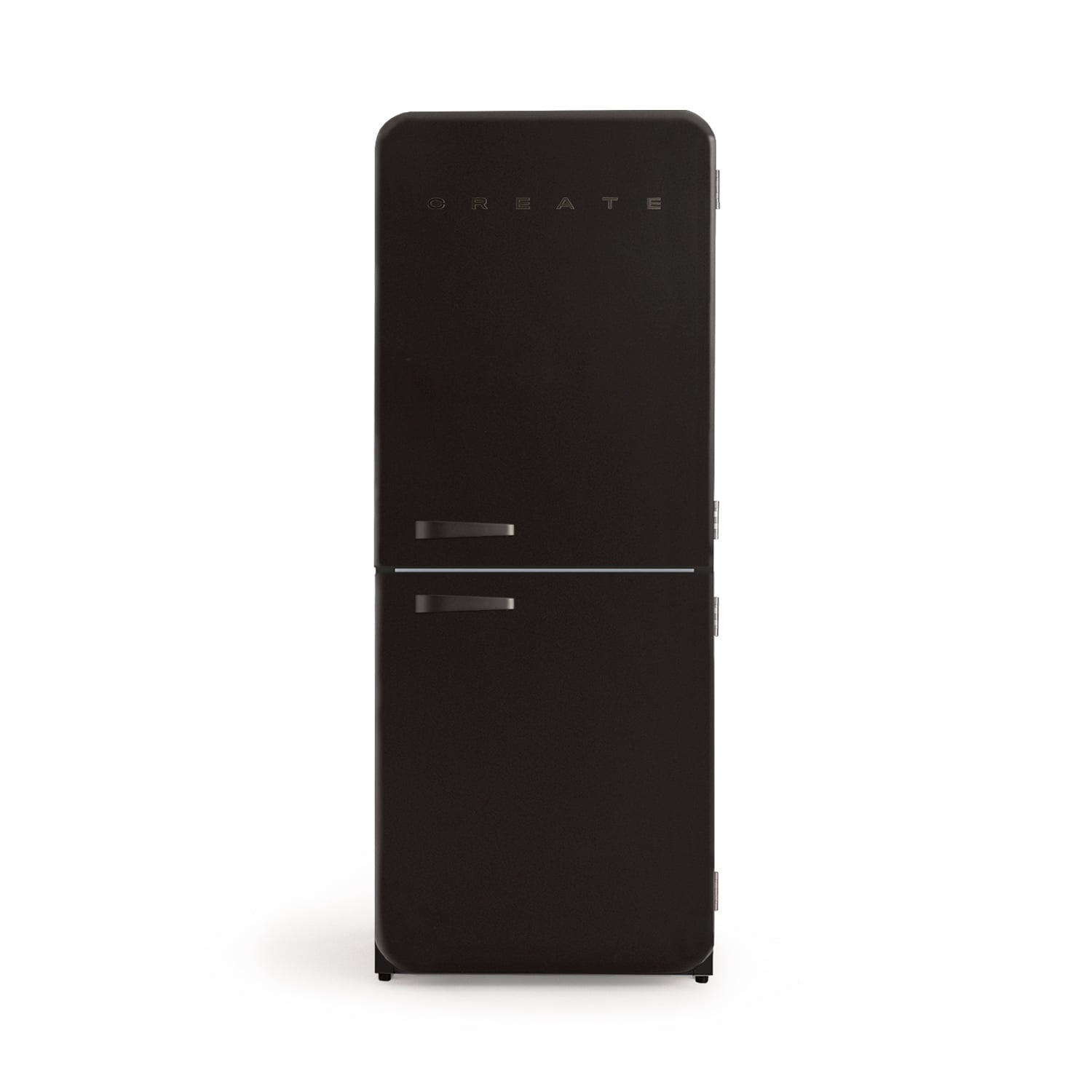 Un refrigerador negro con tiradores plateados y la palabra CREATE arriba.