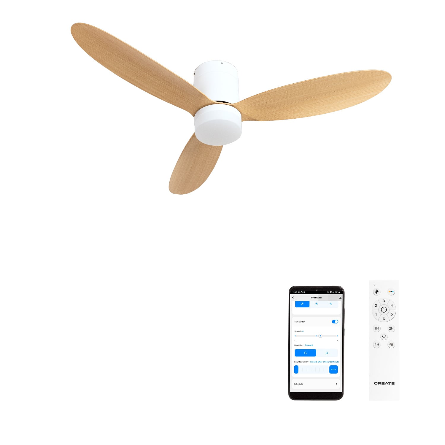 Un ventilador de techo blanco con aspas de madera y un mando a distancia con móvil.