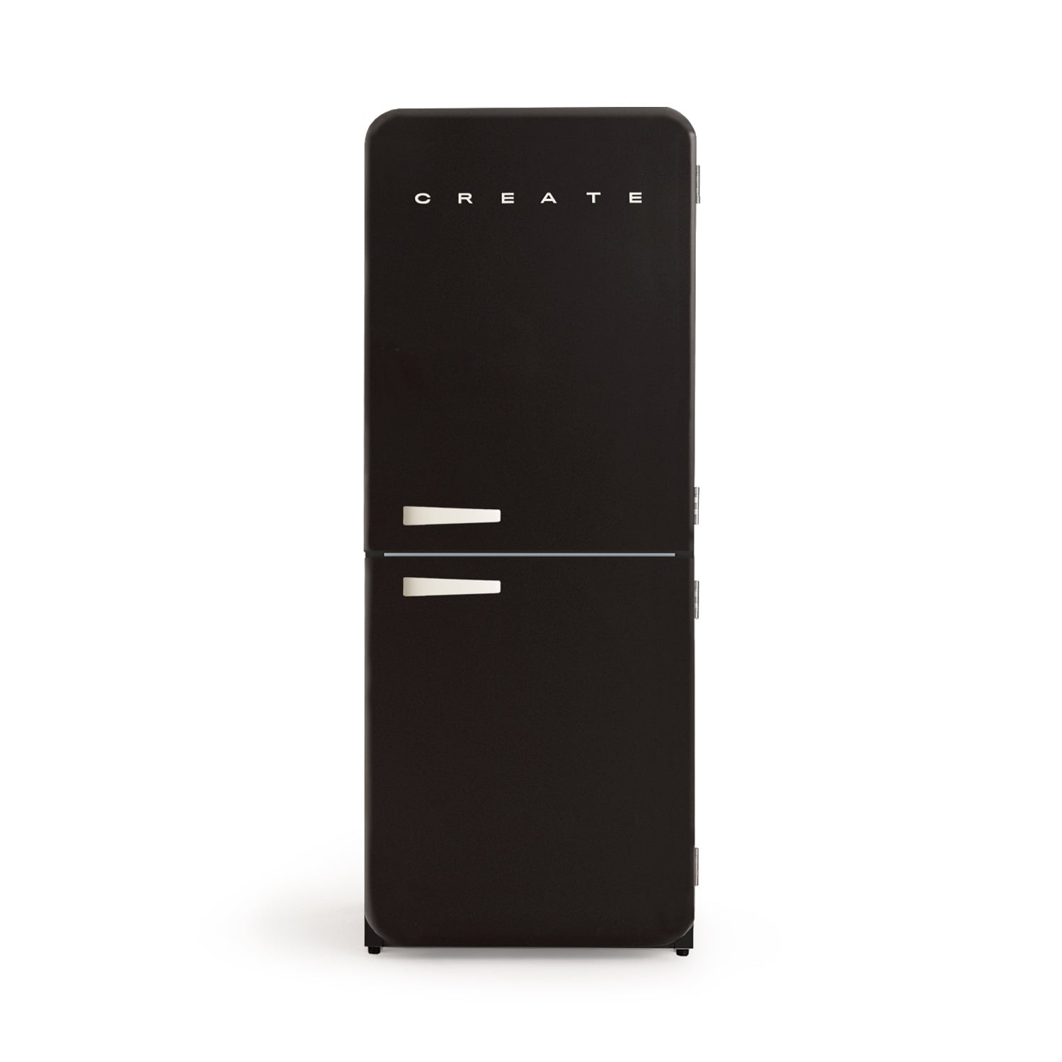 Un refrigerador negro con la palabra CREATE arriba.