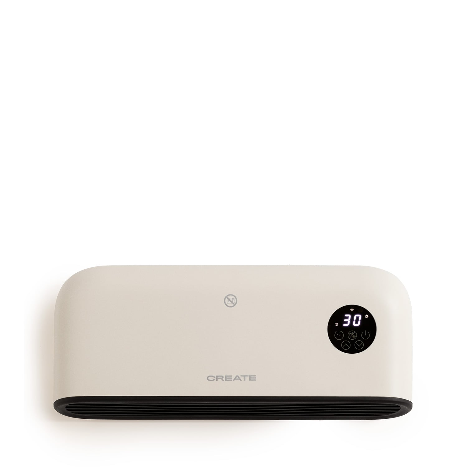Un calefactor eléctrico color crema con pantalla digital que muestra 30°C.