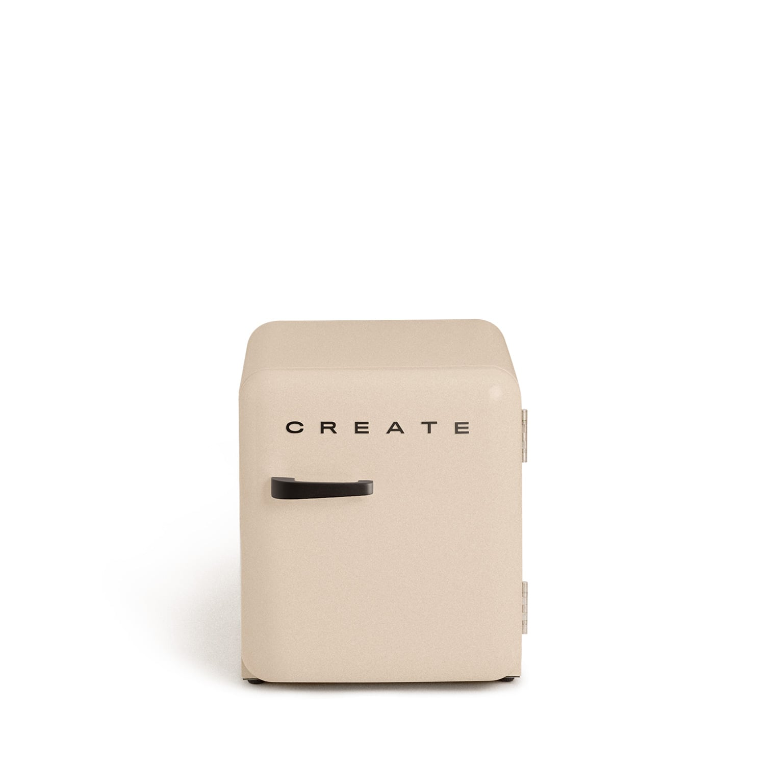 Un mini refrigerador beige con asa negra y la palabra CREATE.