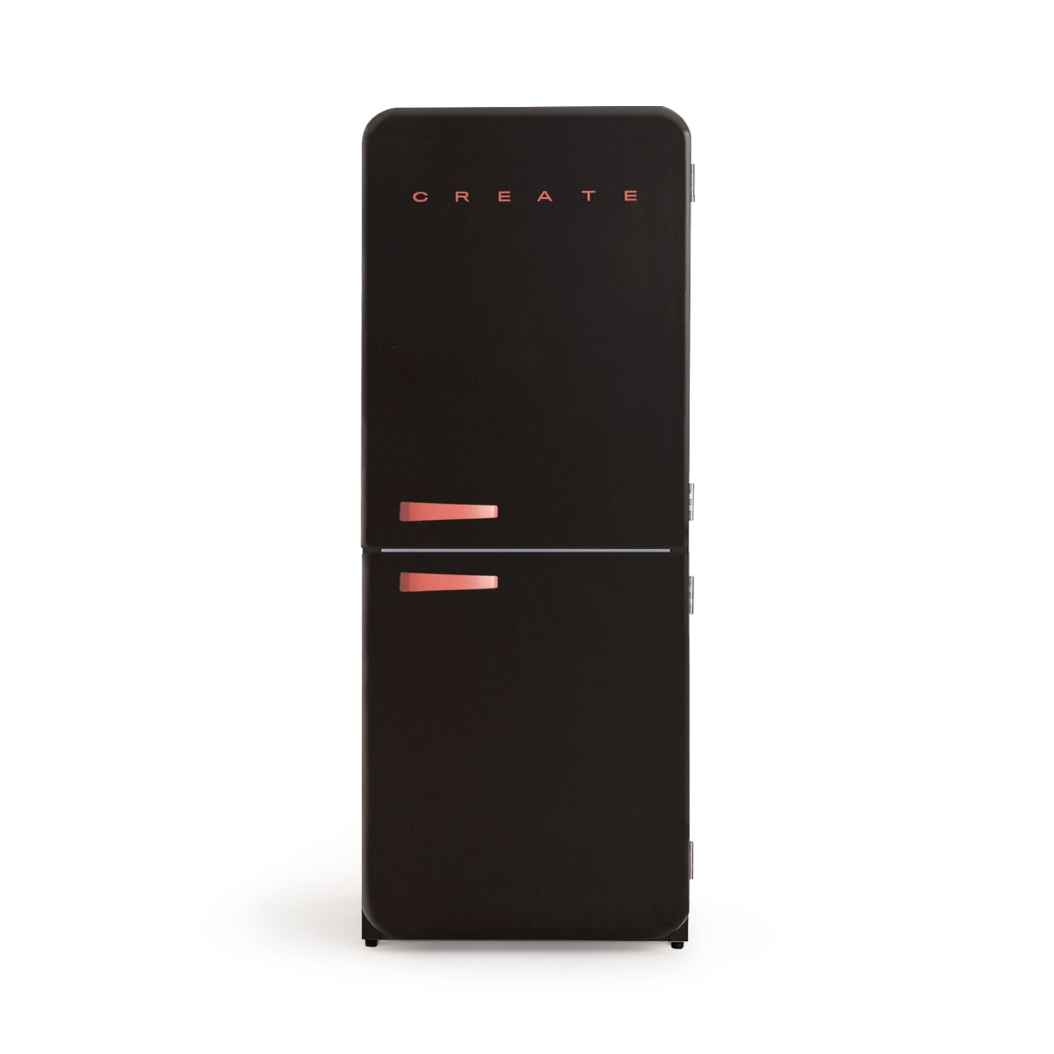 Un refrigerador negro con tiradores rojos y la palabra CREATE.