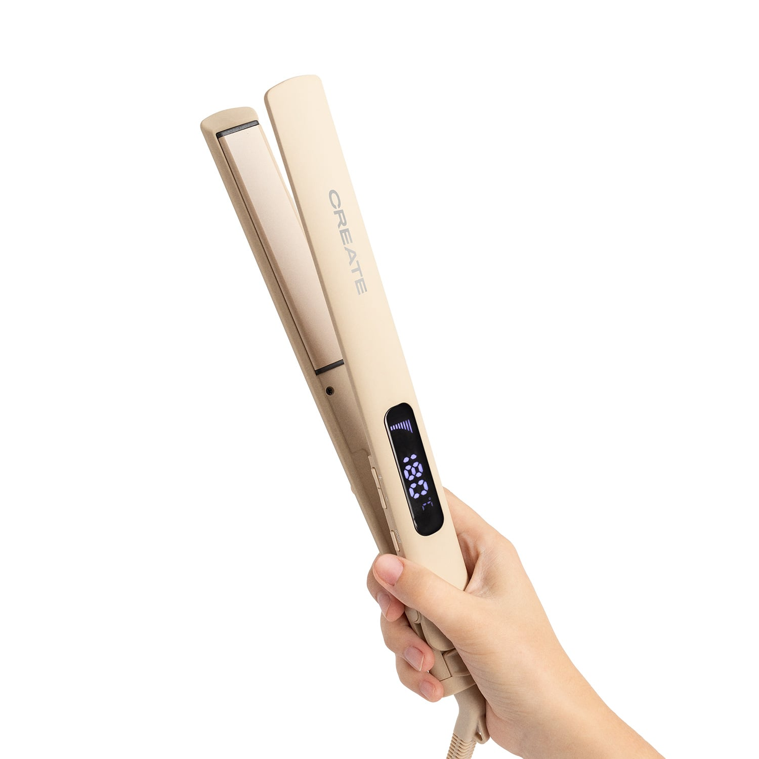 Una mano sostiene una plancha de pelo beige con pantalla digital de temperatura.