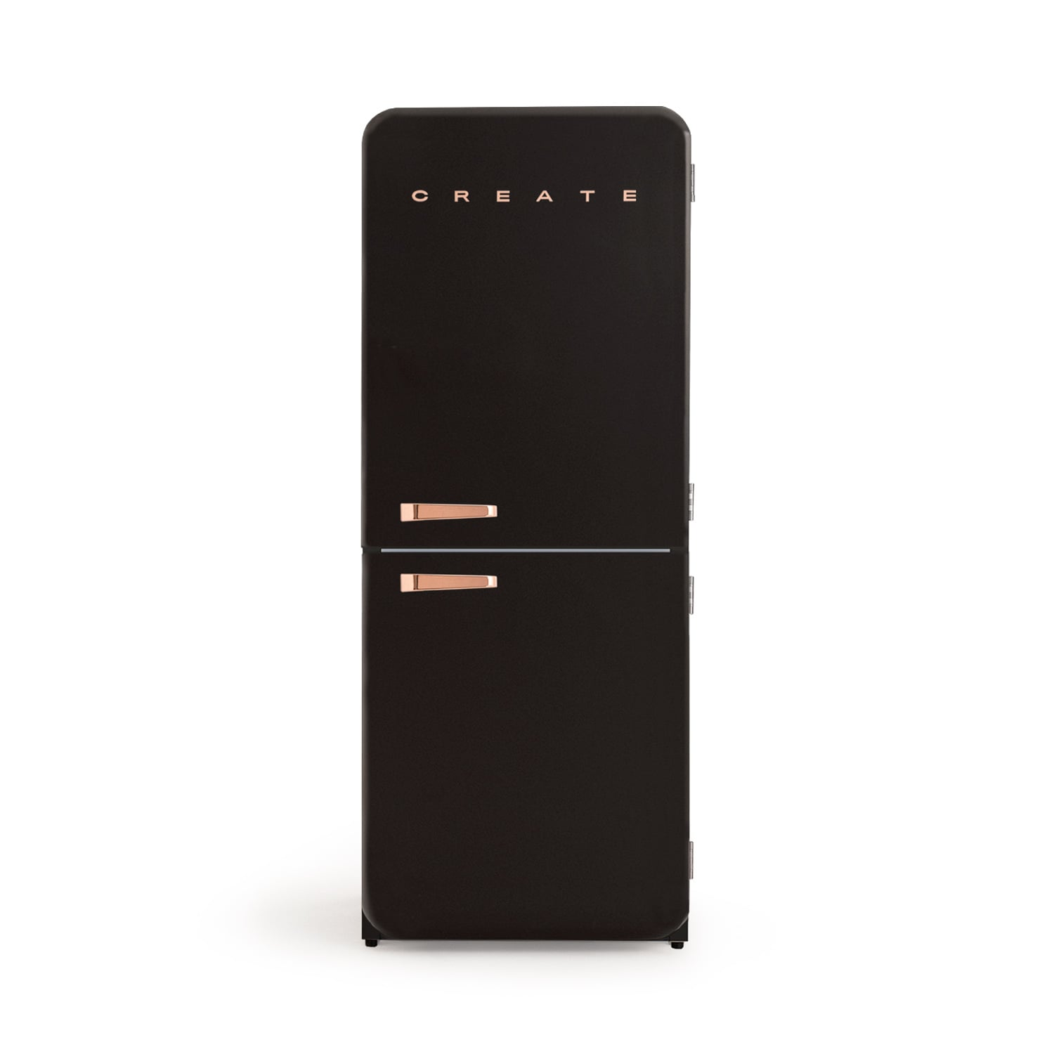 Un refrigerador negro con tiradores de cobre y la palabra CREATE.