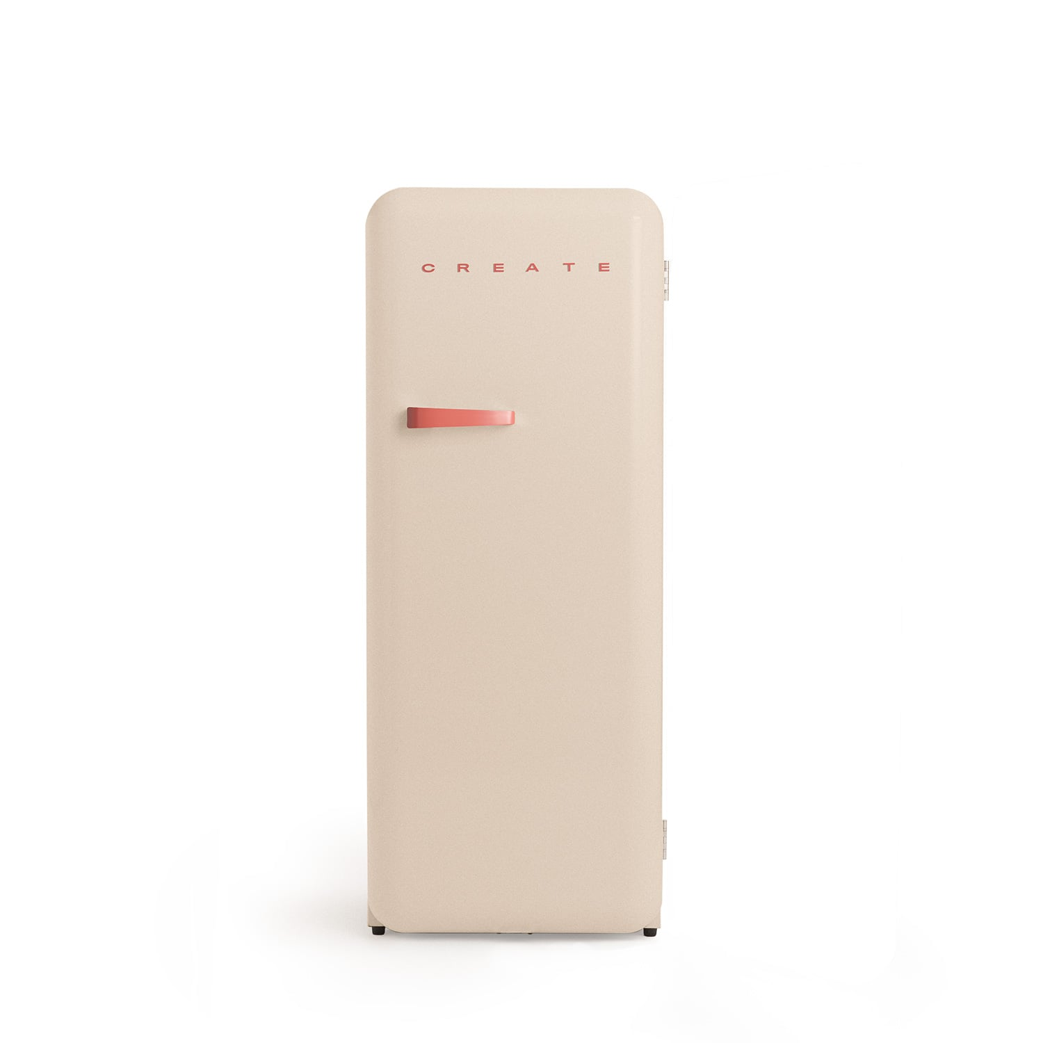 Un refrigerador color crema con la palabra CREATE en letras rojas.