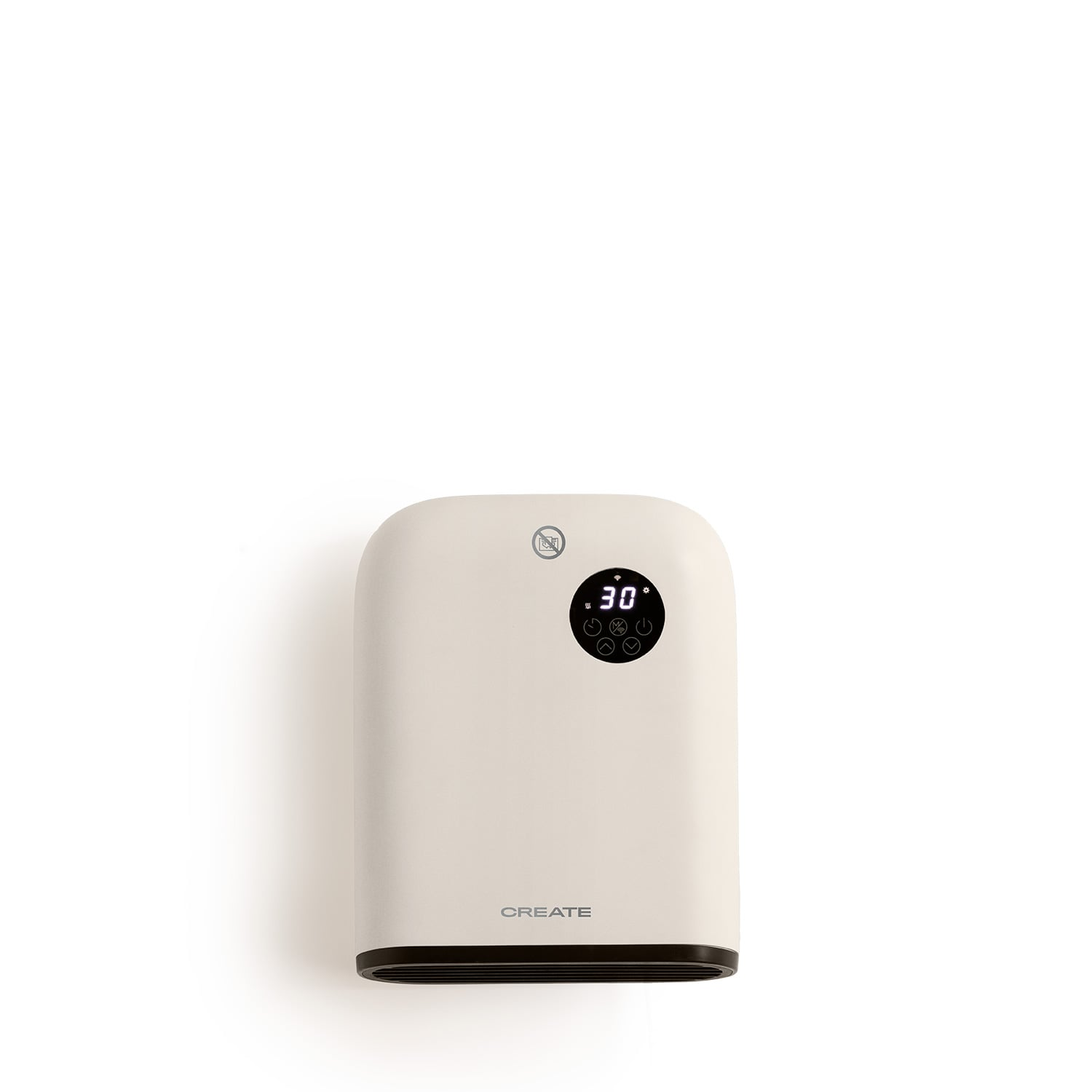 Un calentador eléctrico color crema con pantalla digital que muestra 30 grados.