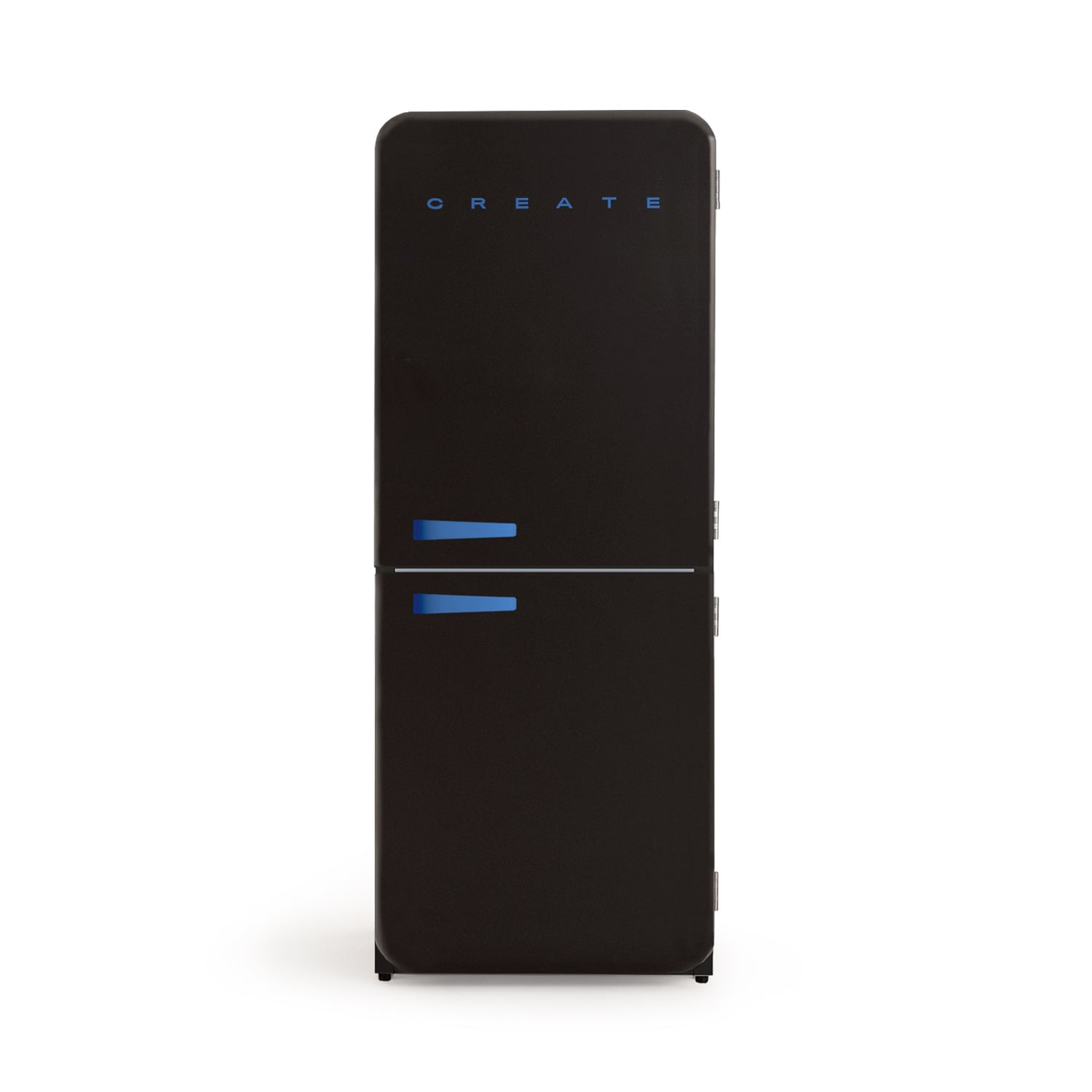 Un refrigerador negro con detalles azules y la palabra CREATE.