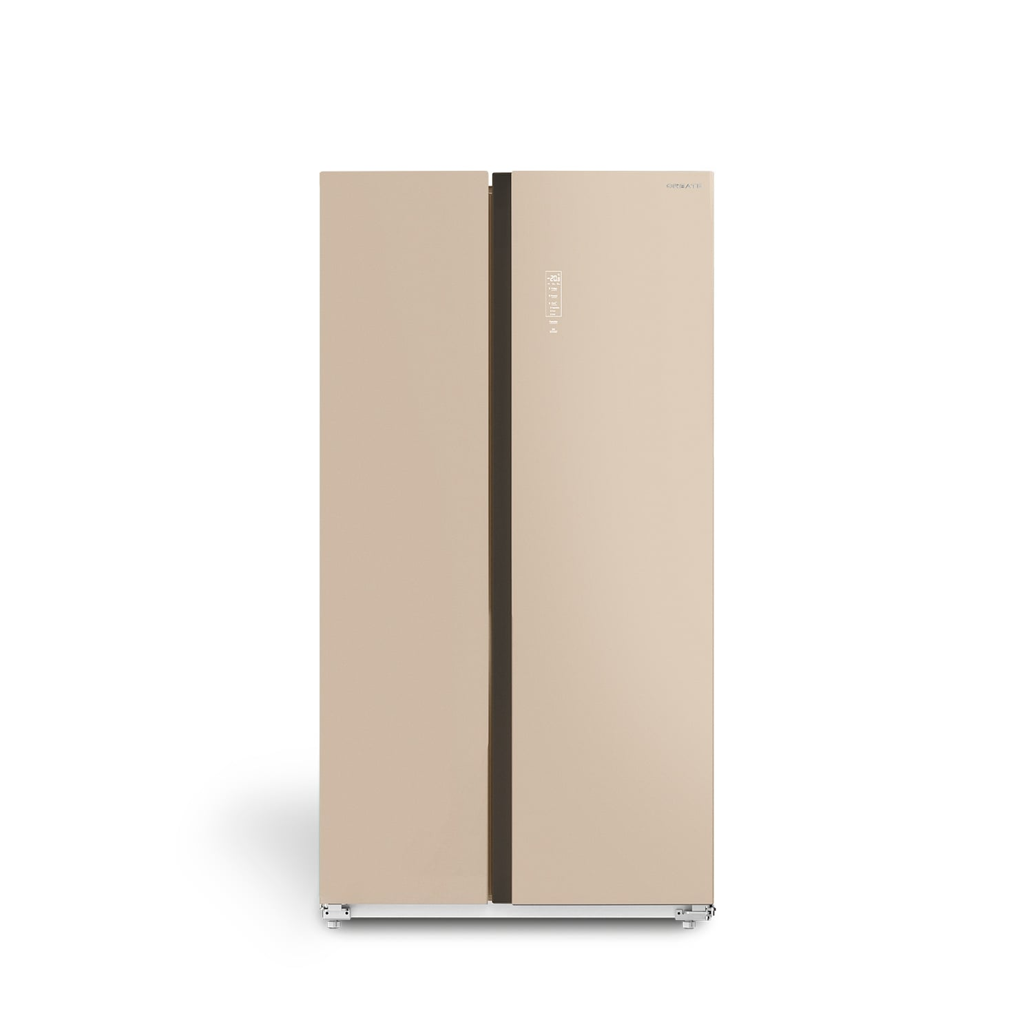 Un refrigerador beige de dos puertas con raya vertical oscura y pantalla digital.