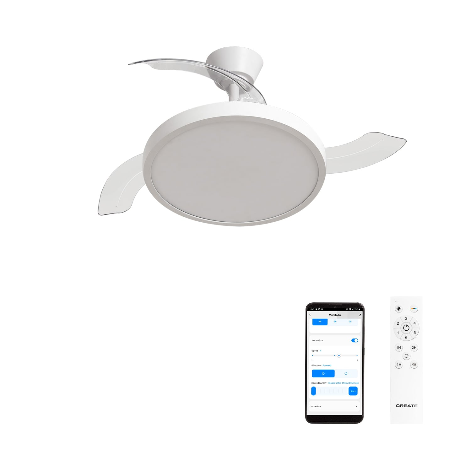 Un ventilador de techo blanco con luz, app móvil y mando a distancia.