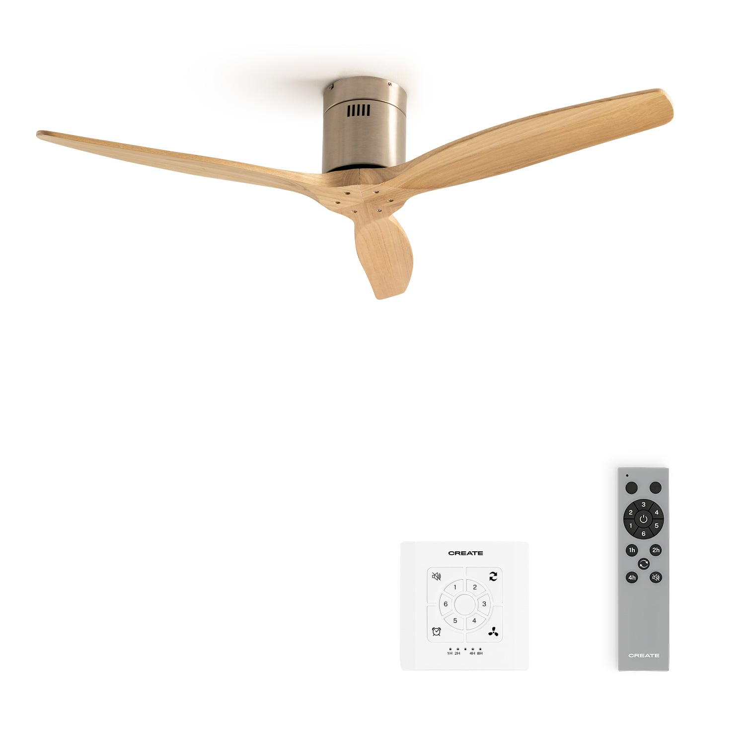 Ventilador de techo con aspas de madera, mando a distancia y control de pared.