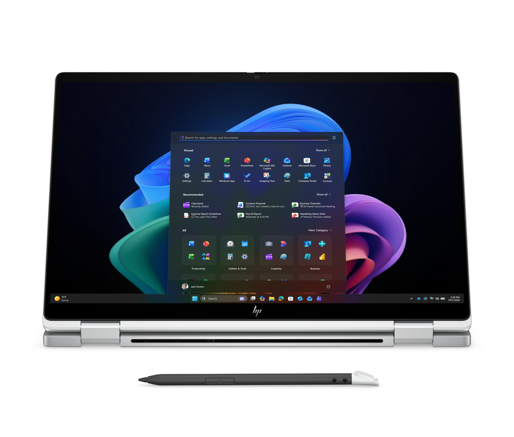 Un laptop con il menu Start aperto e una penna stilo nelle vicinanze.