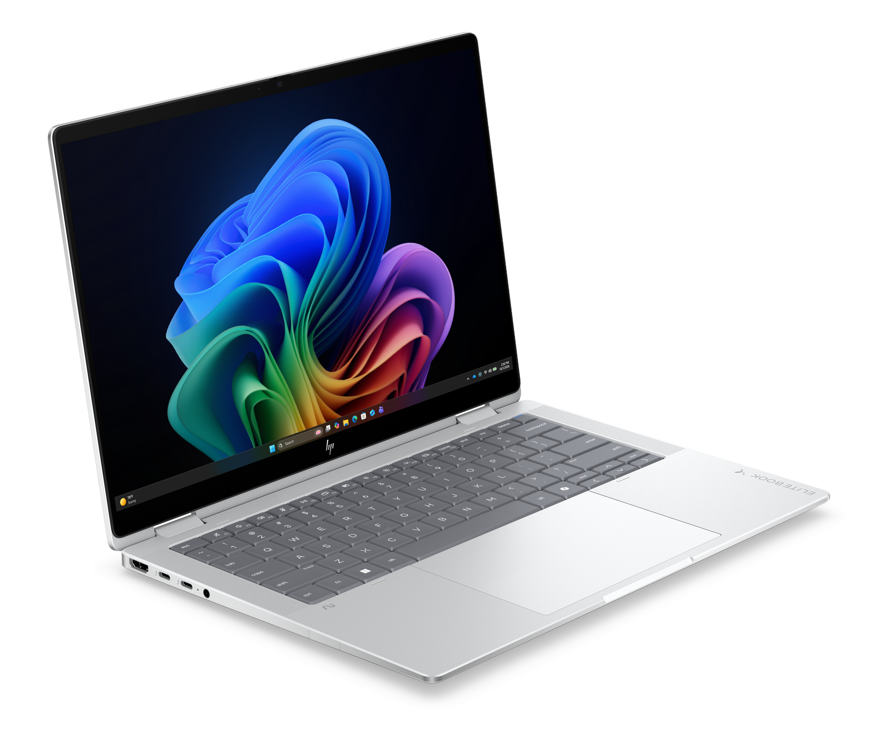 Laptop HP Elitebook argentato aperto, mostra sfondo colorato e tastiera.