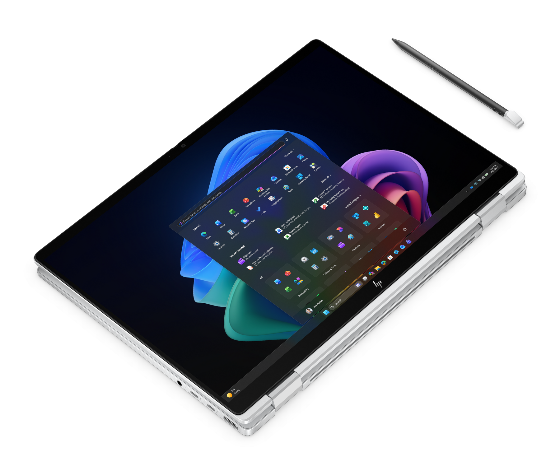 Un laptop con uno stilo, che mostra il menu Start di Windows con le app sullo schermo.