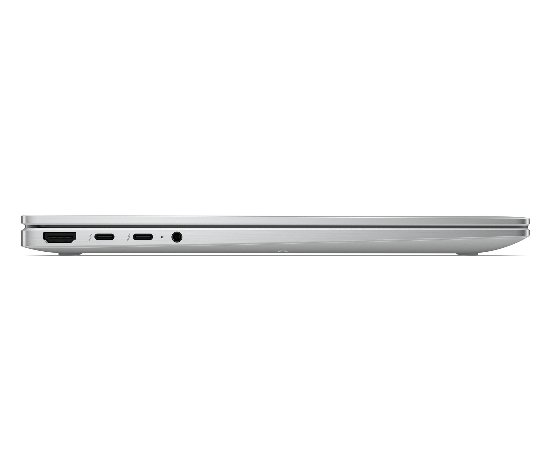 Vista laterale di un laptop argento con porte: HDMI, Thunderbolt, USB-C, jack cuffie.
