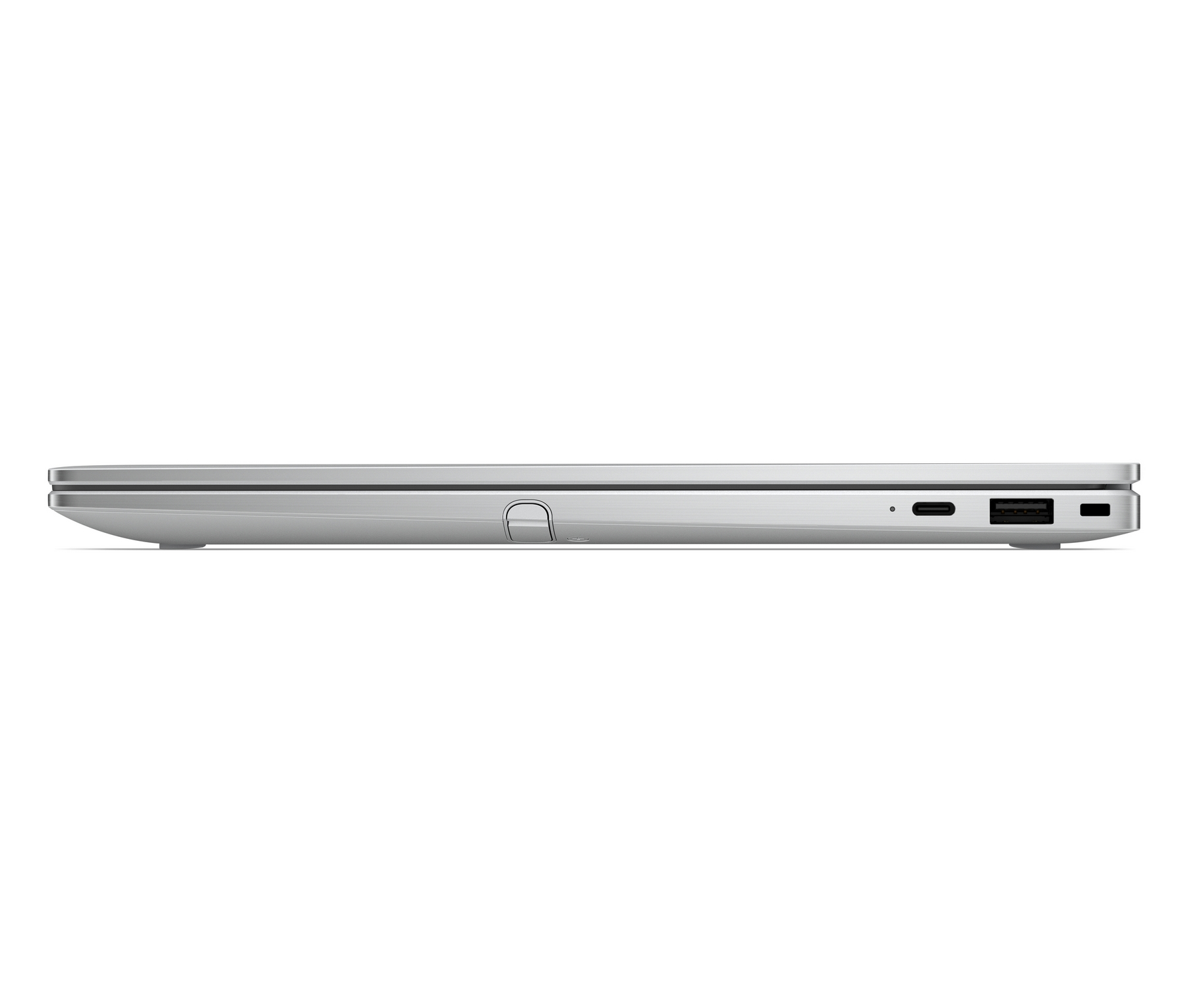 Vista laterale di un laptop argentato chiuso con porte sul lato.