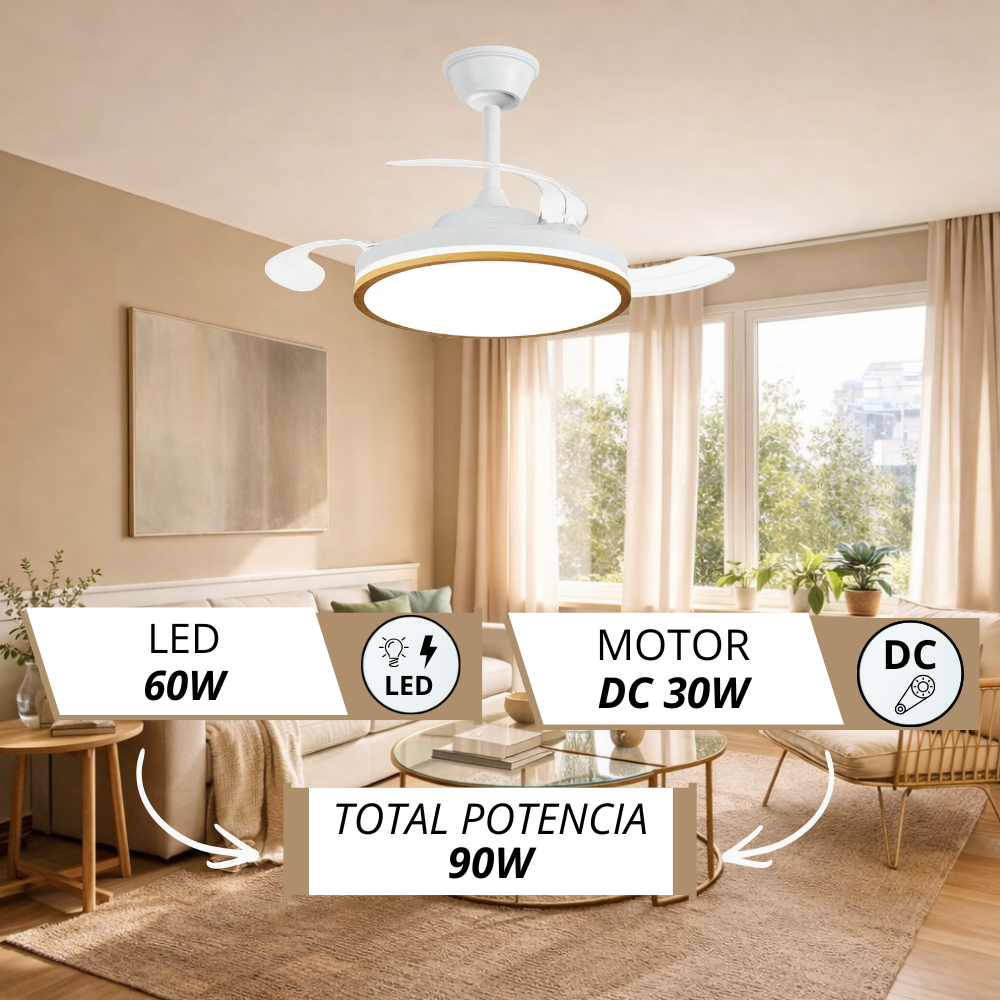 Un ventilador de techo blanco con iluminación LED integrada sobre un sofá.