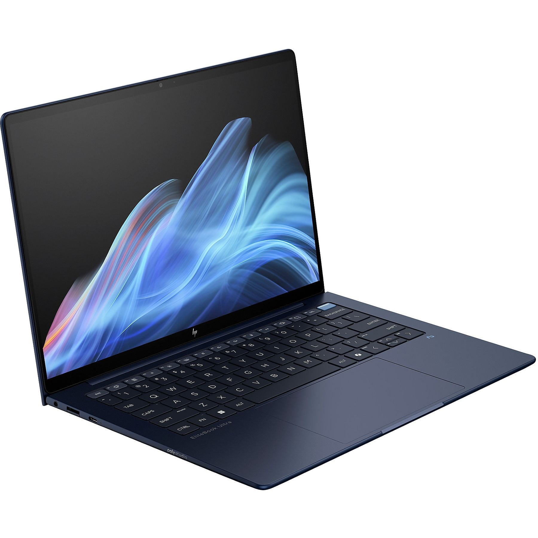 Laptop HP EliteBook Ultra blu scuro con tastiera illuminata e sfondo astratto.