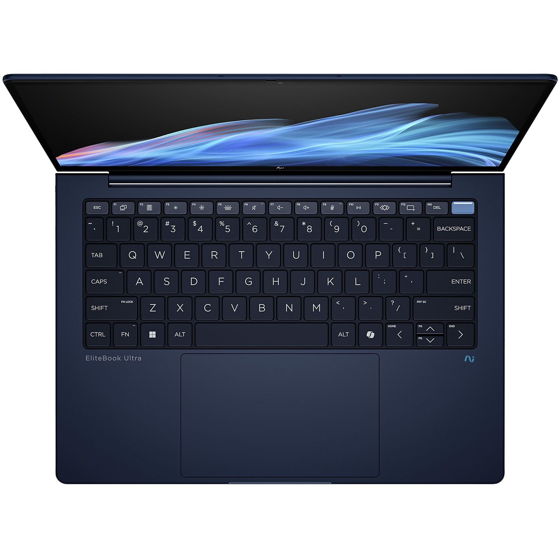 Un laptop blu scuro, aperto, con tastiera retroilluminata e touchpad.