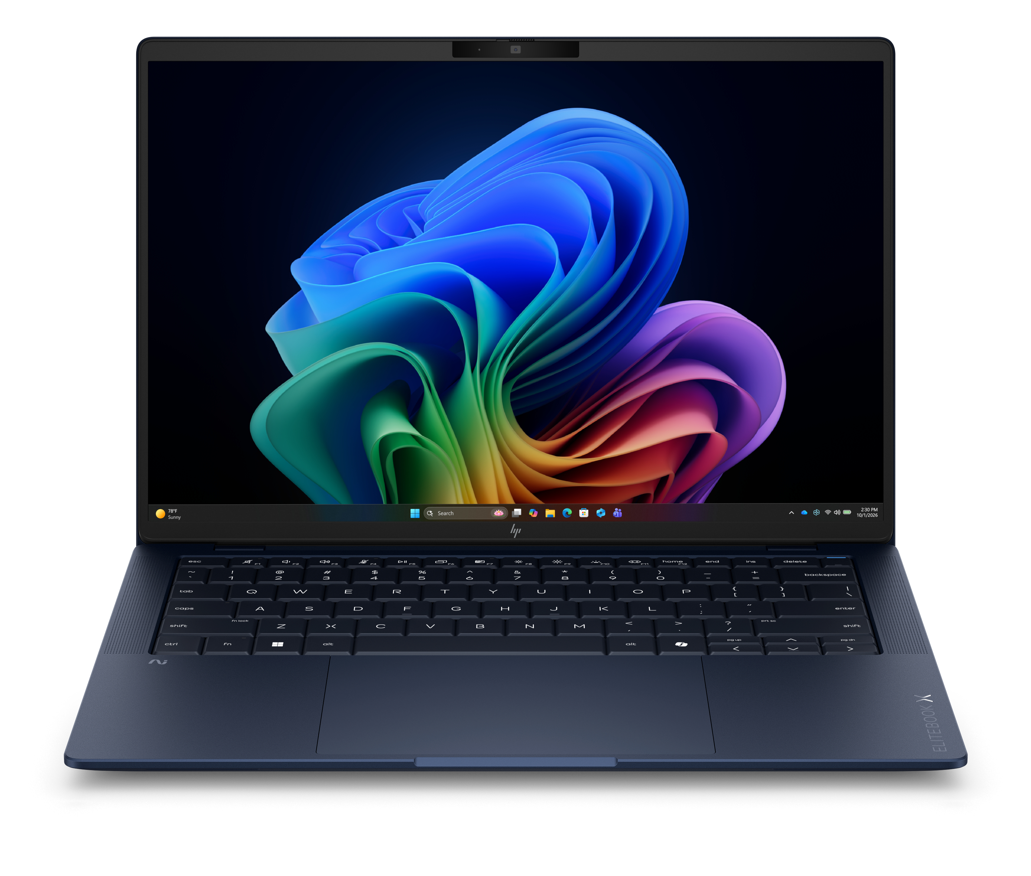 Un laptop blu scuro con uno sfondo astratto e colorato sullo schermo.