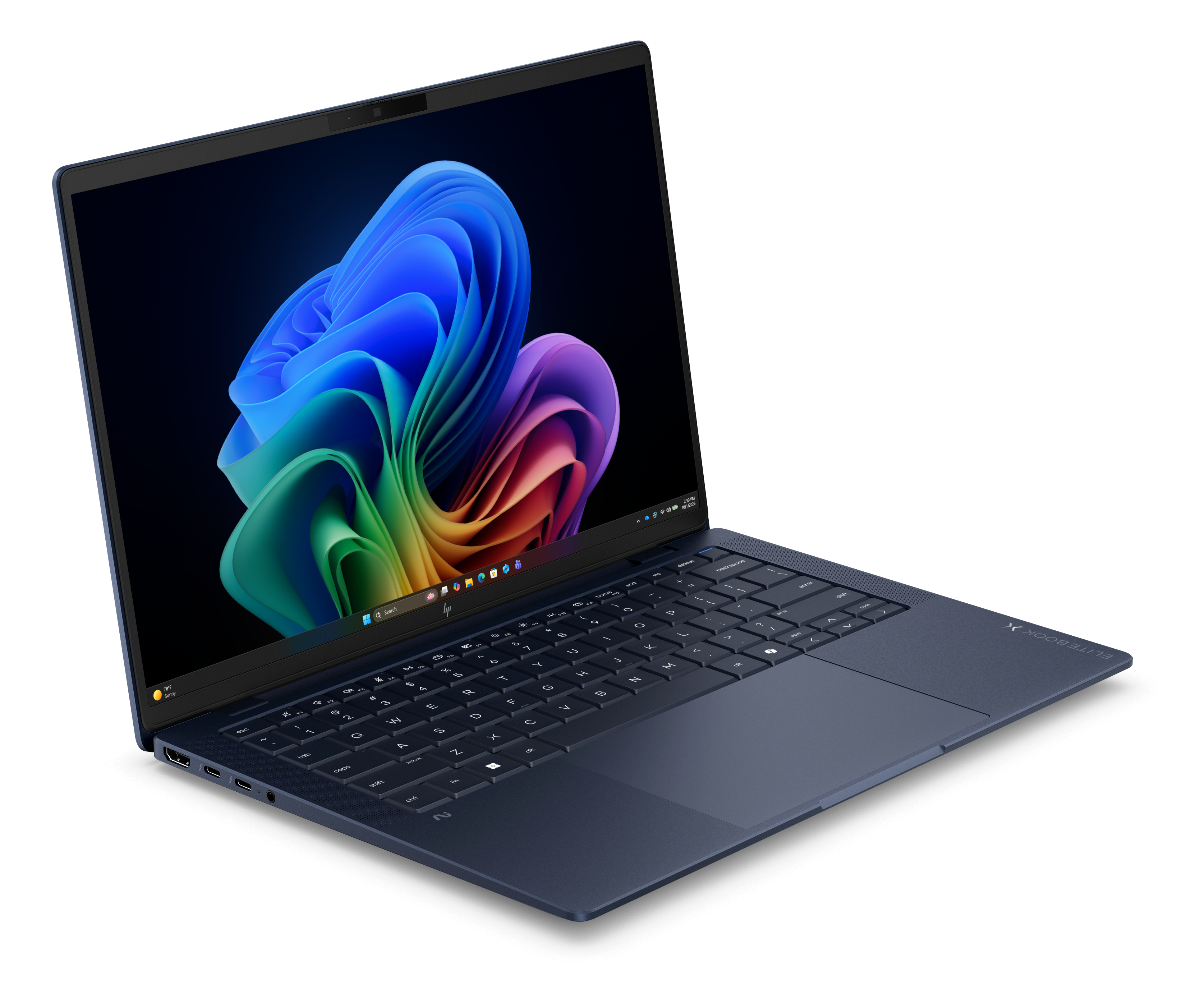 Un laptop HP Elitebook blu scuro aperto con uno sfondo colorato sullo schermo.
