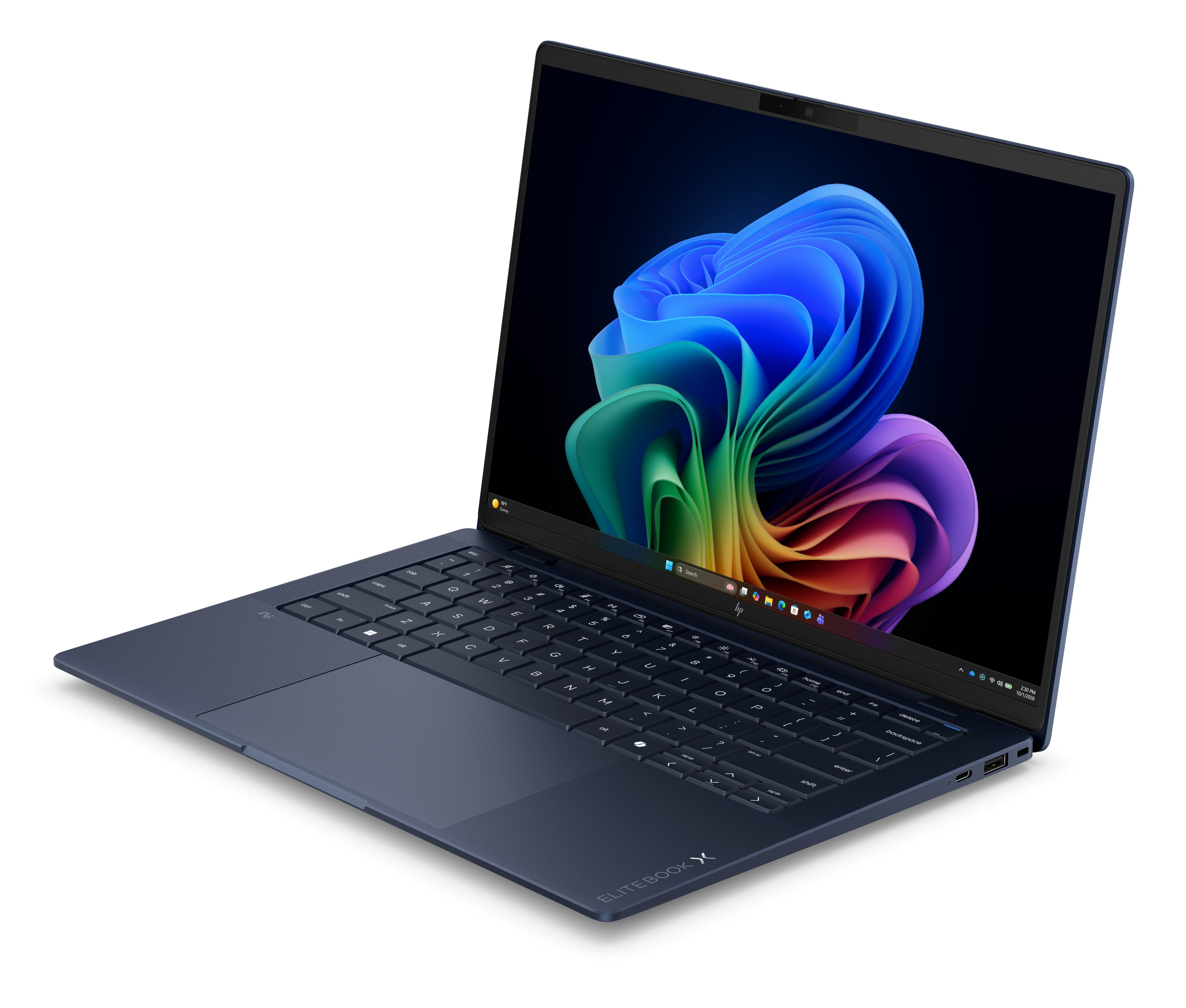 Un laptop blu scuro con tastiera e sfondo colorato visualizzato.
