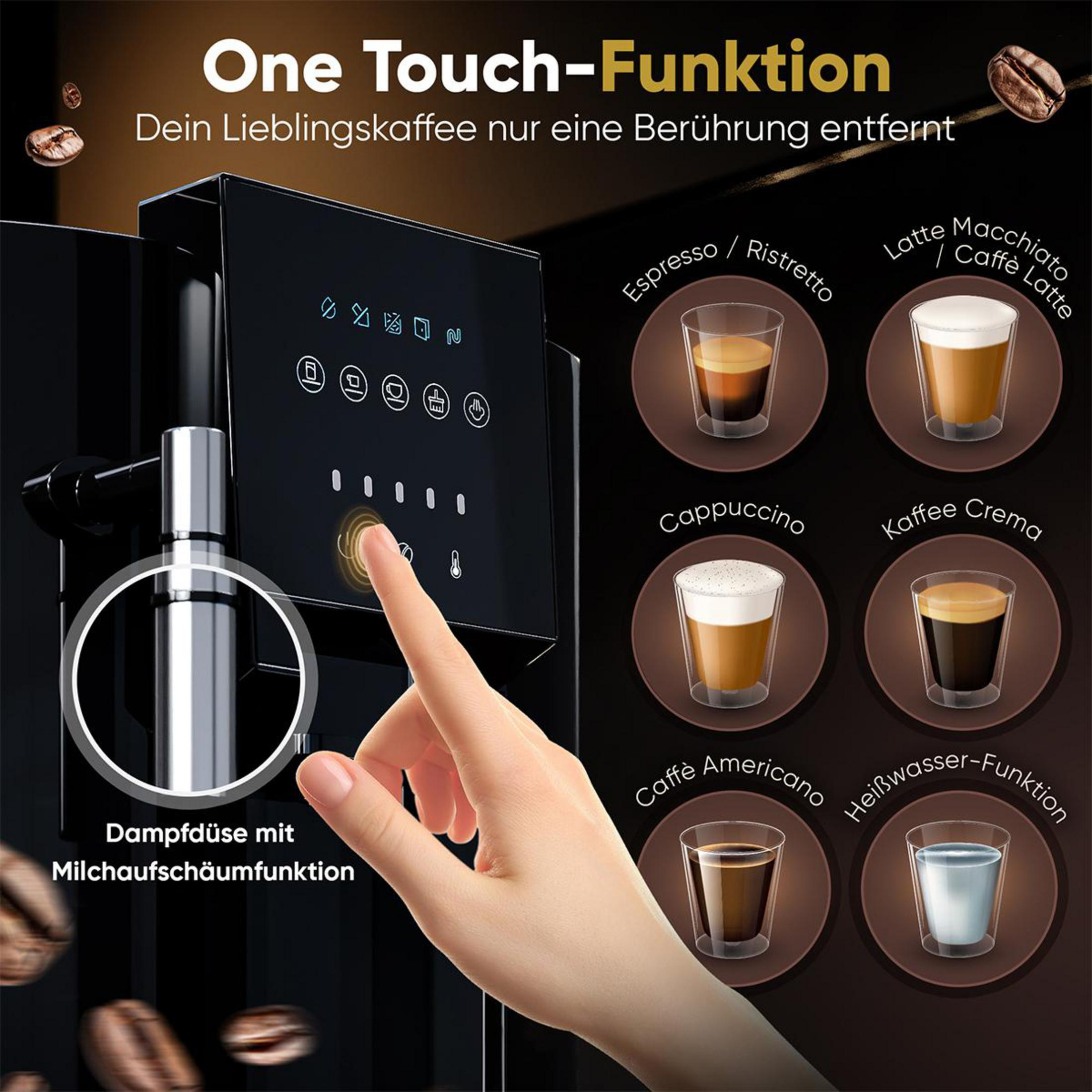 Una mano aziona una macchina da caffè touchscreen che mostra varie bevande al caffè.