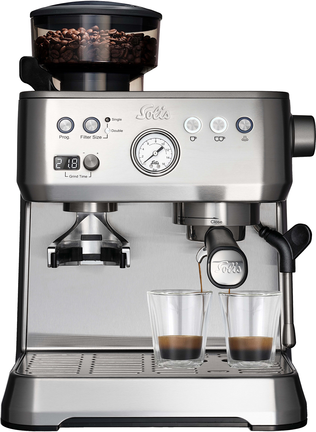 Edelstahl-Espressomaschine mit Bohnenbehälter, Manometer und zwei Gläsern.