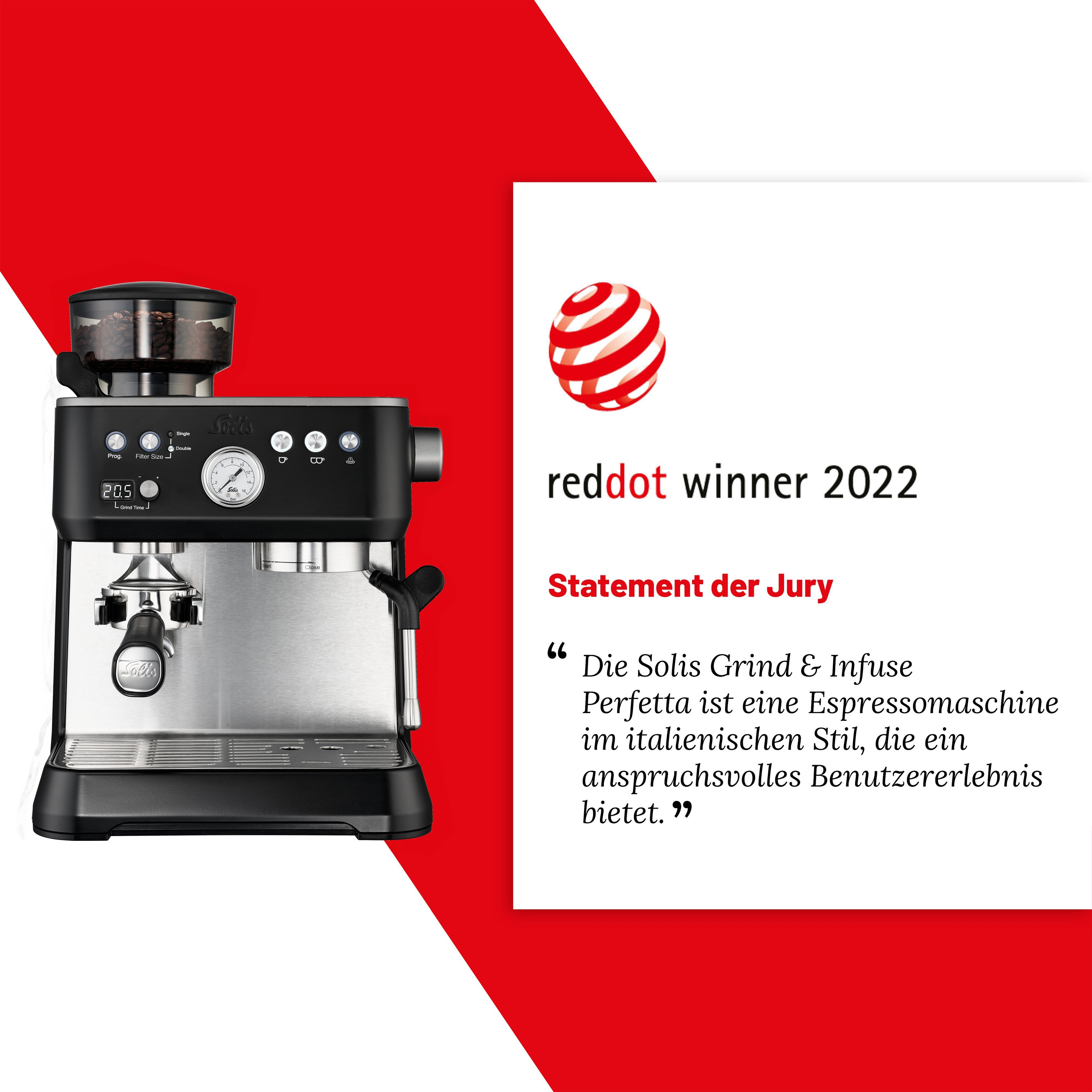 Eine schwarze Solis Espressomaschine mit Siebträger und Kaffeebohnenbehälter.