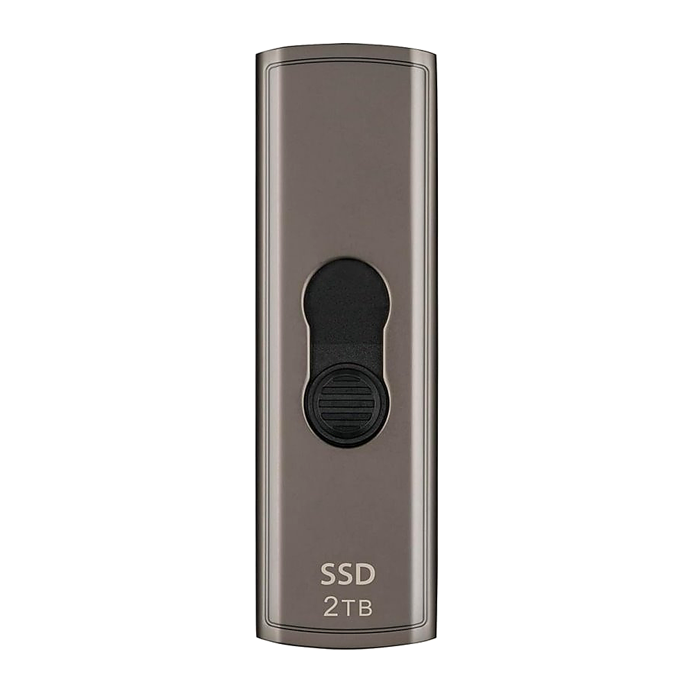 Chiavetta USB grigia con clip nera e scritta 'SSD 2TB'.