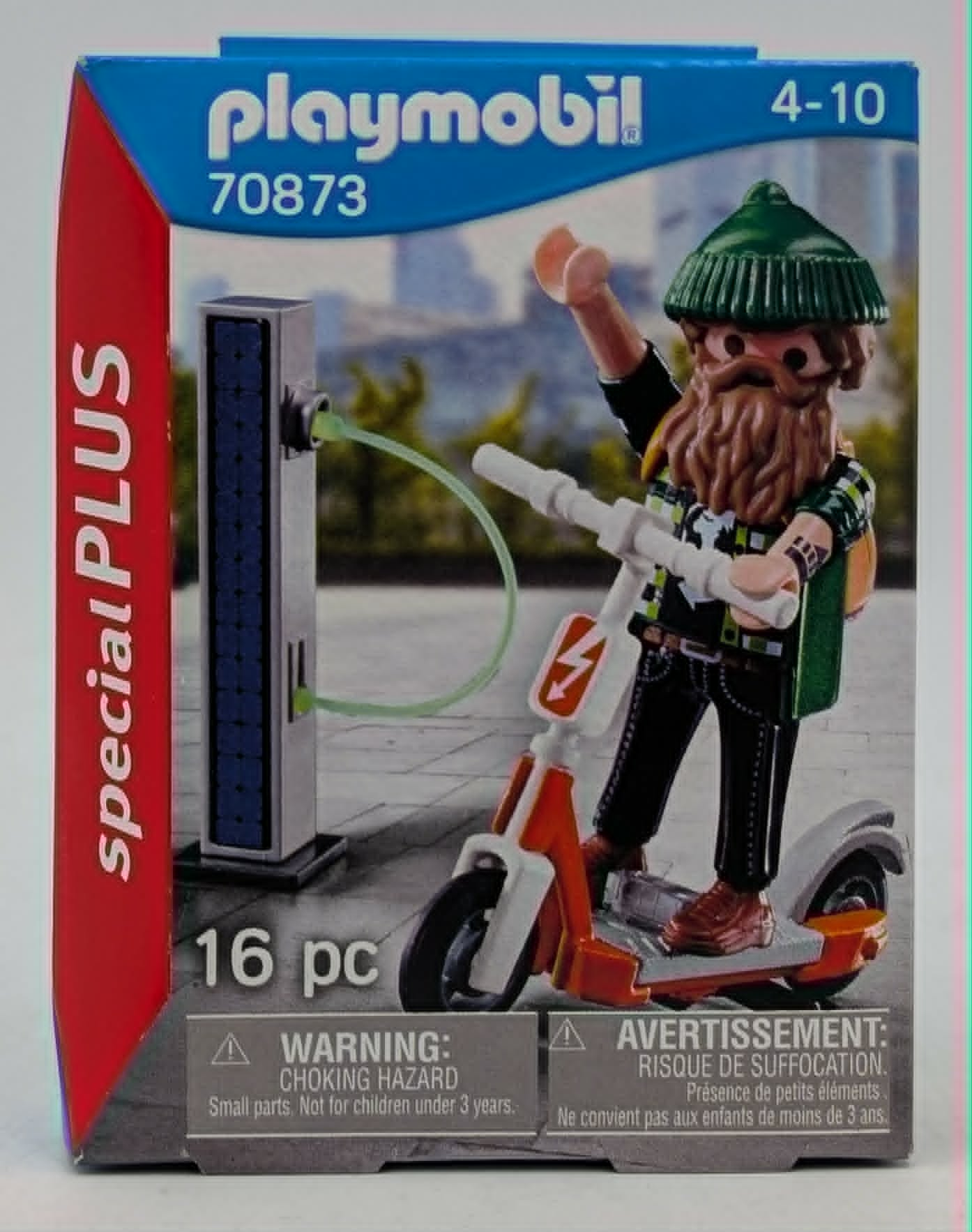 Playmobil-Set mit Mann auf E-Scooter und Ladestation.