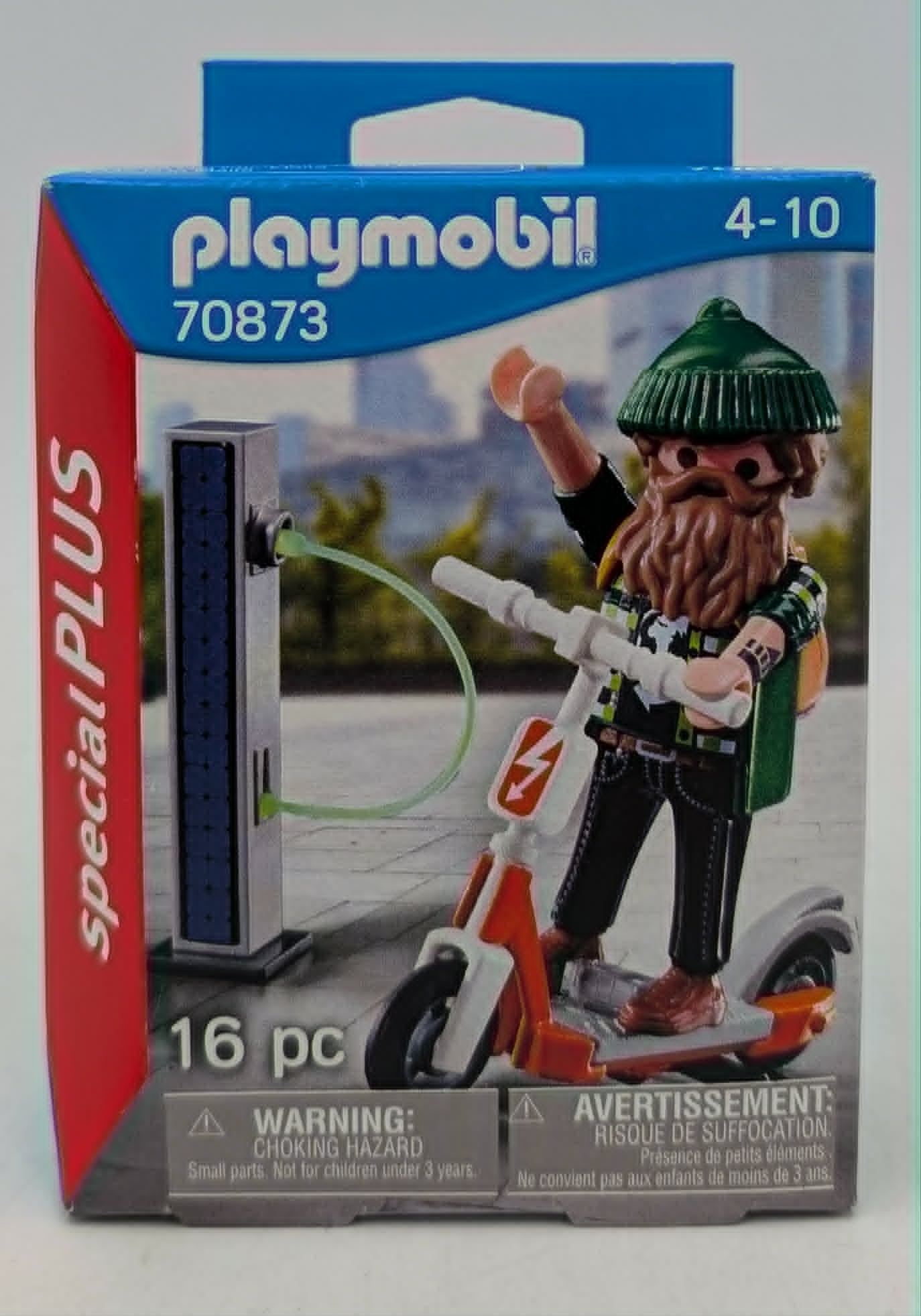 Playmobil-Verpackung mit einem Mann auf einem E-Scooter und einer Ladestation.