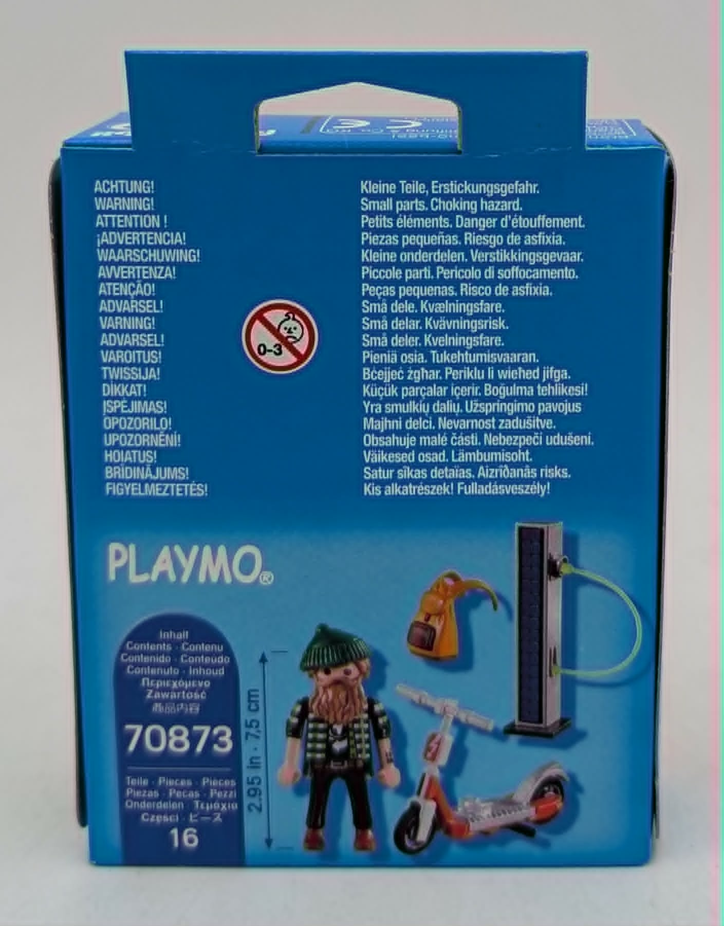 Playmobil Box mit Figuren: Mann, Roller, Rucksack, Ladestation.