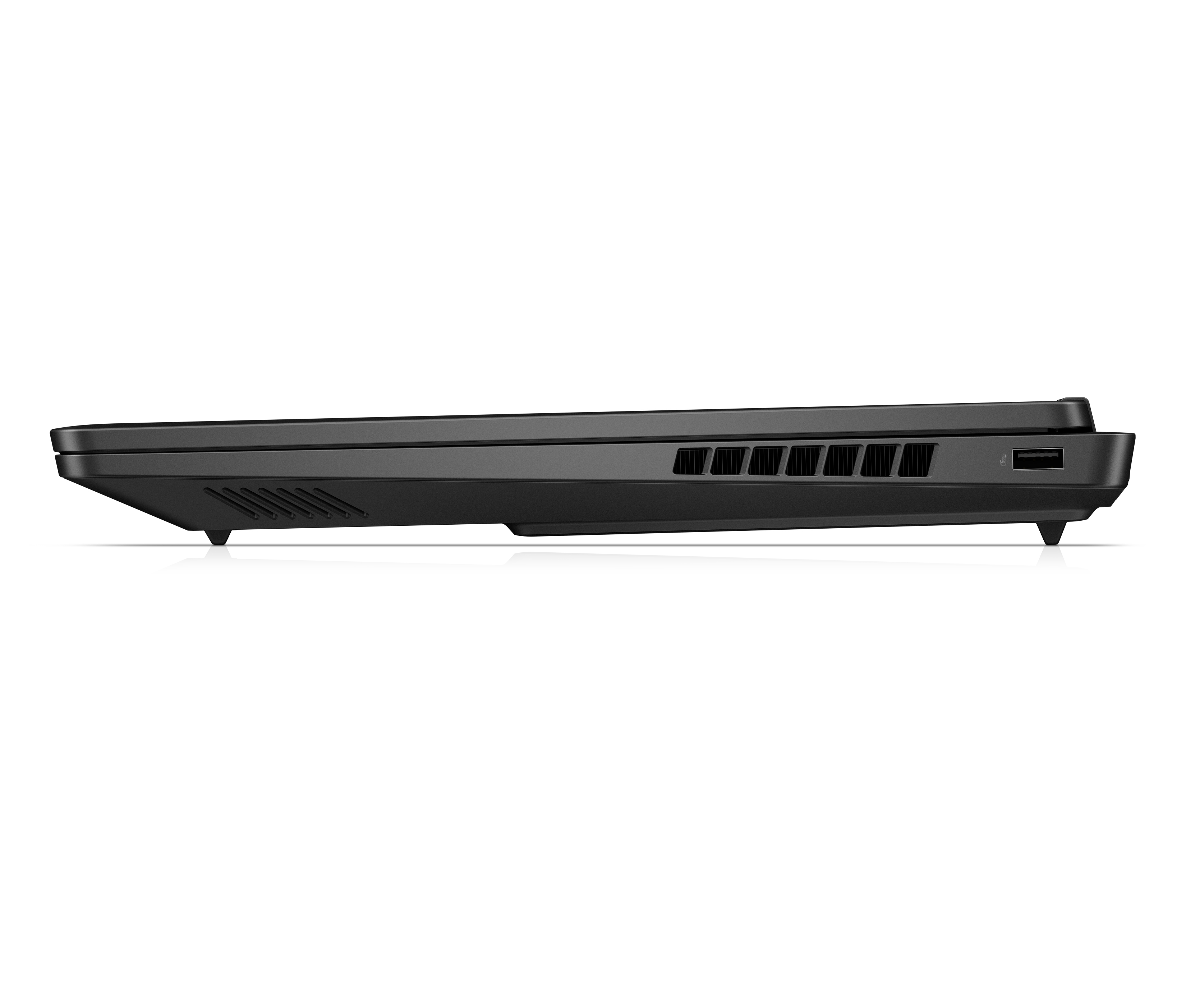 Laptop nero visto di lato, con prese d'aria e una porta USB.