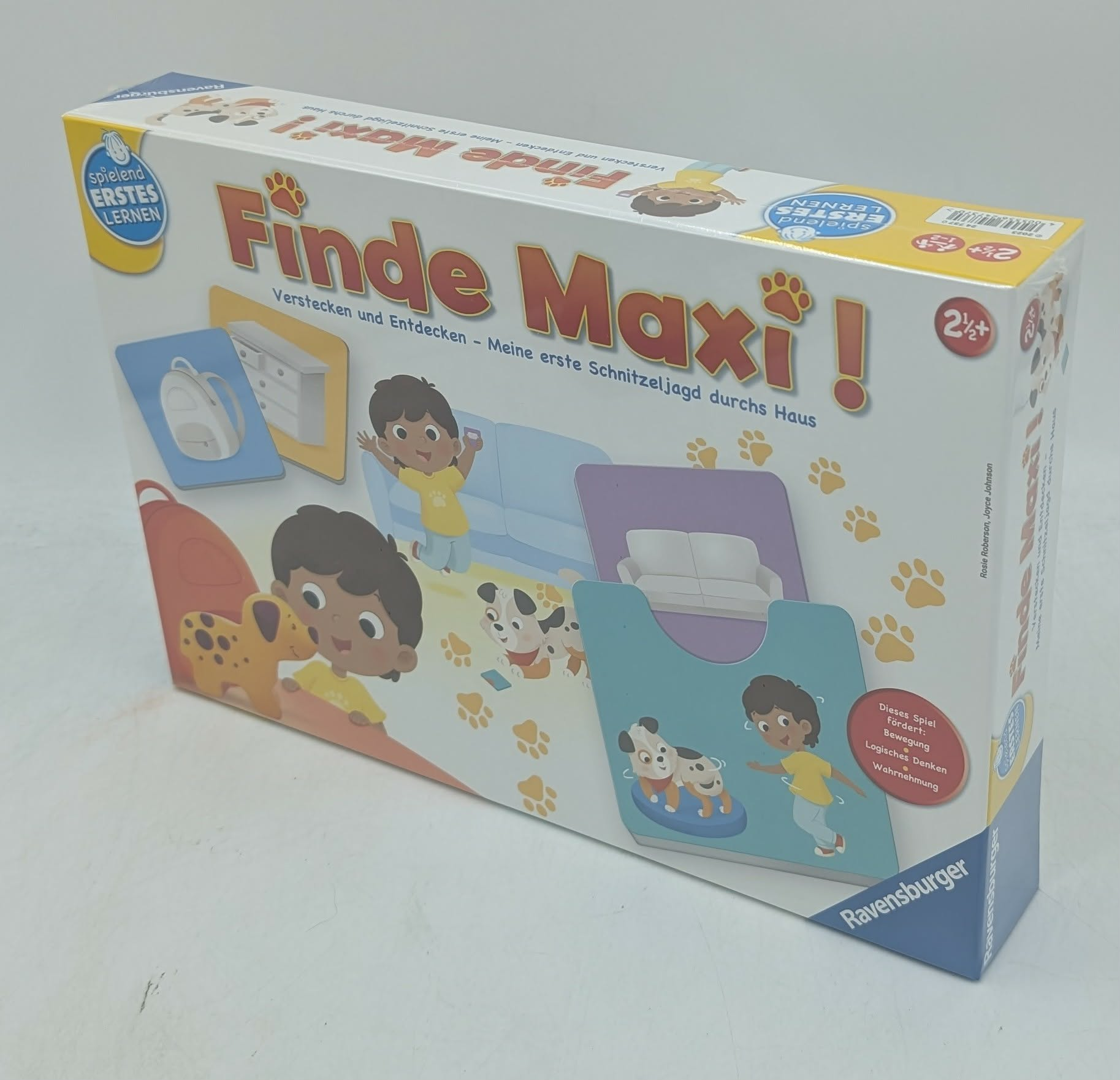 Brettspiel-Verpackung mit Illustrationen von Kindern und Hunden, Ravensburger.