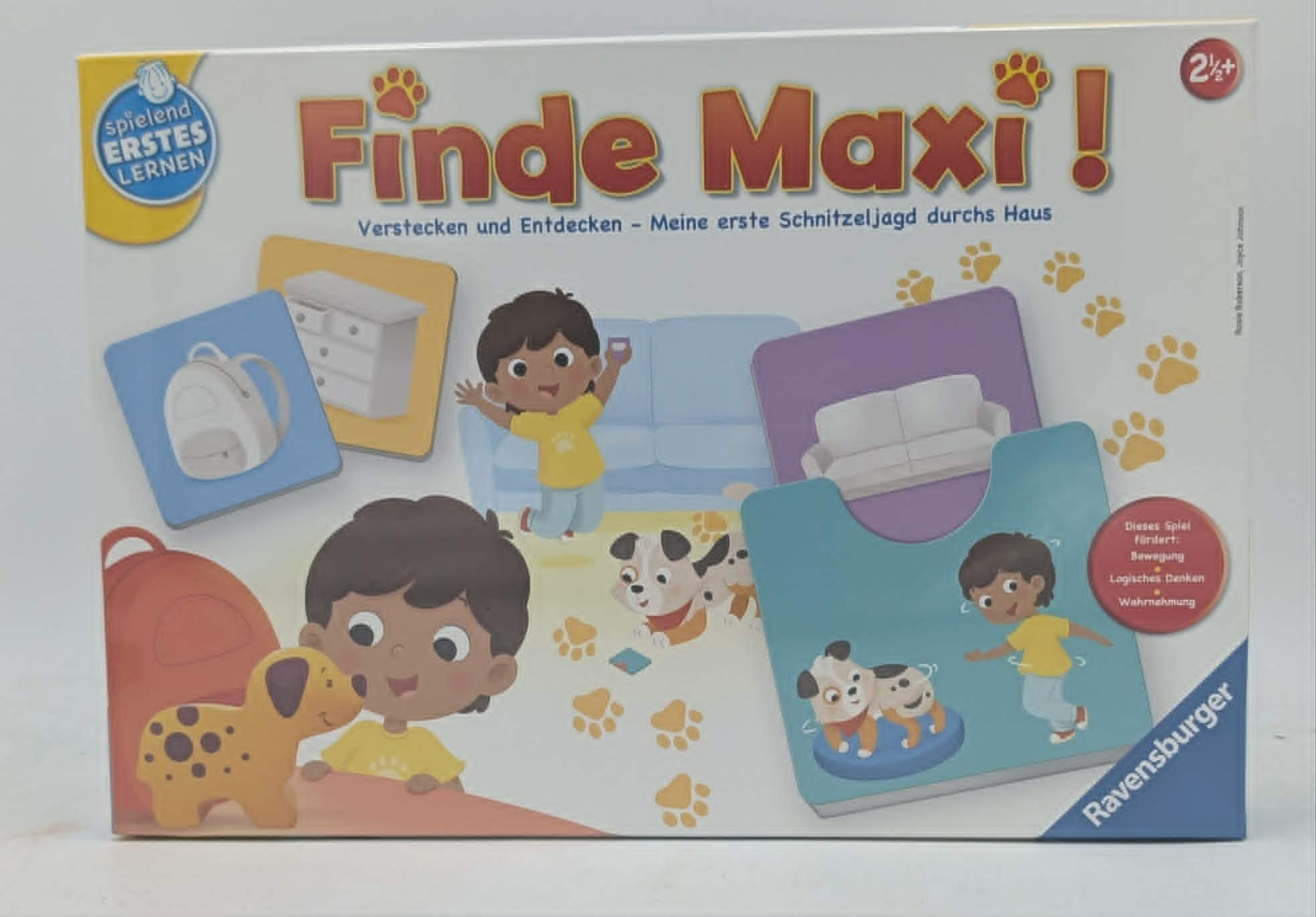 Brettspiel "Finde Maxi!" mit Kindern, Hunden, Möbeln und Pfotenabdrücken.