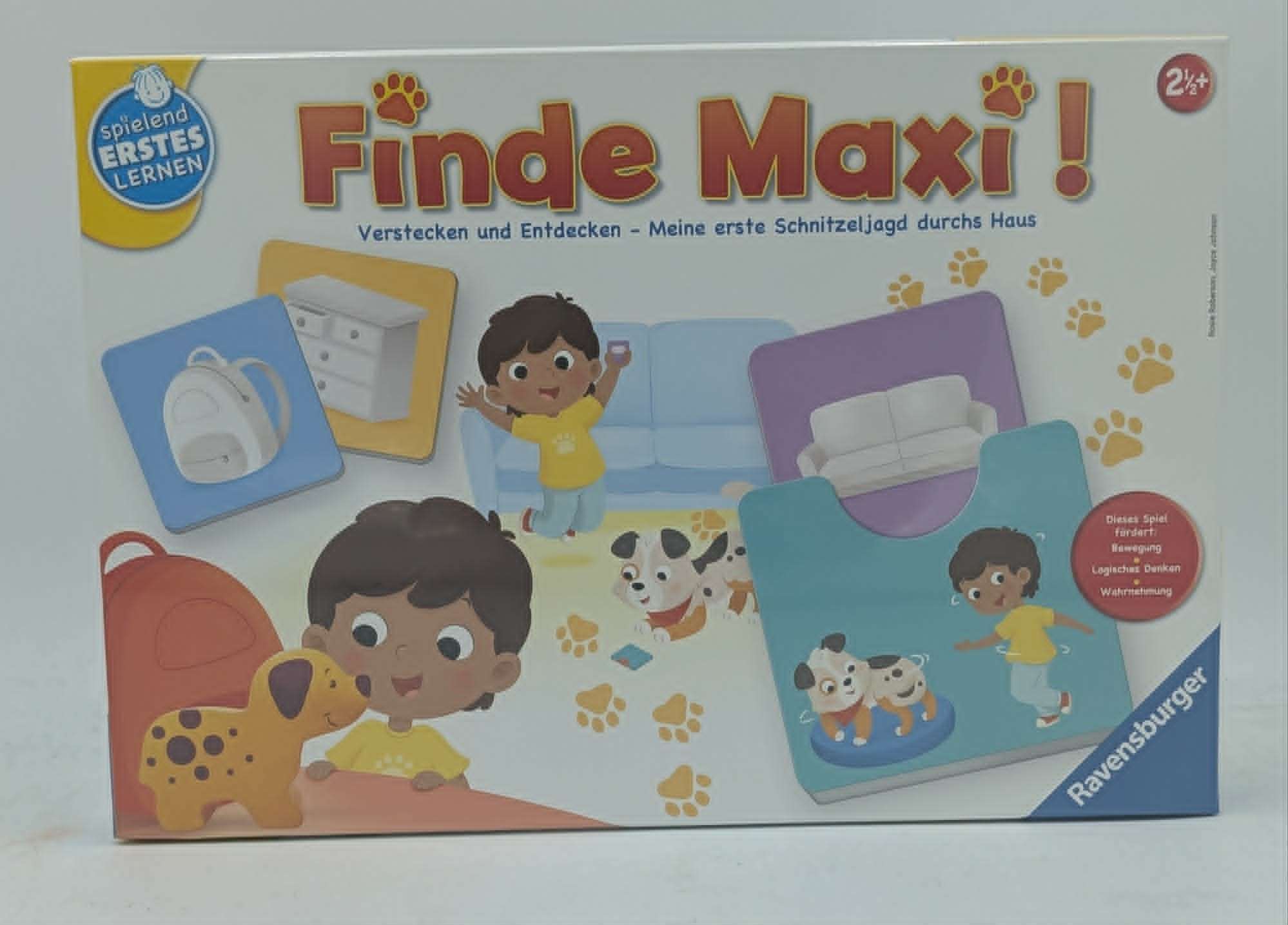 Brettspiel "Finde Maxi!". Kinder mit Hunden, Möbeln und Pfotenabdrücken.