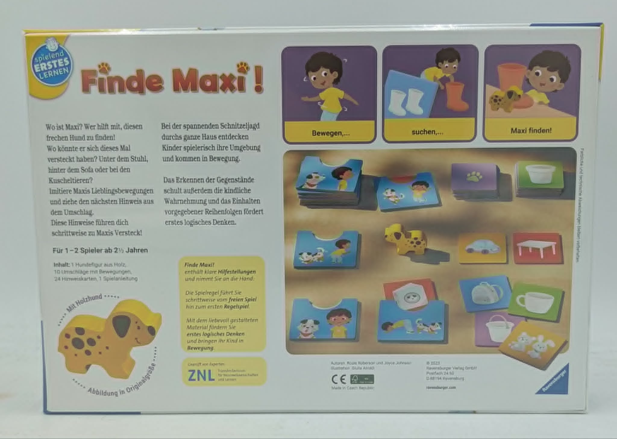Spielanleitung für das Kinderspiel 'Finde Maxi!' mit Holzfigur und Bildkarten.