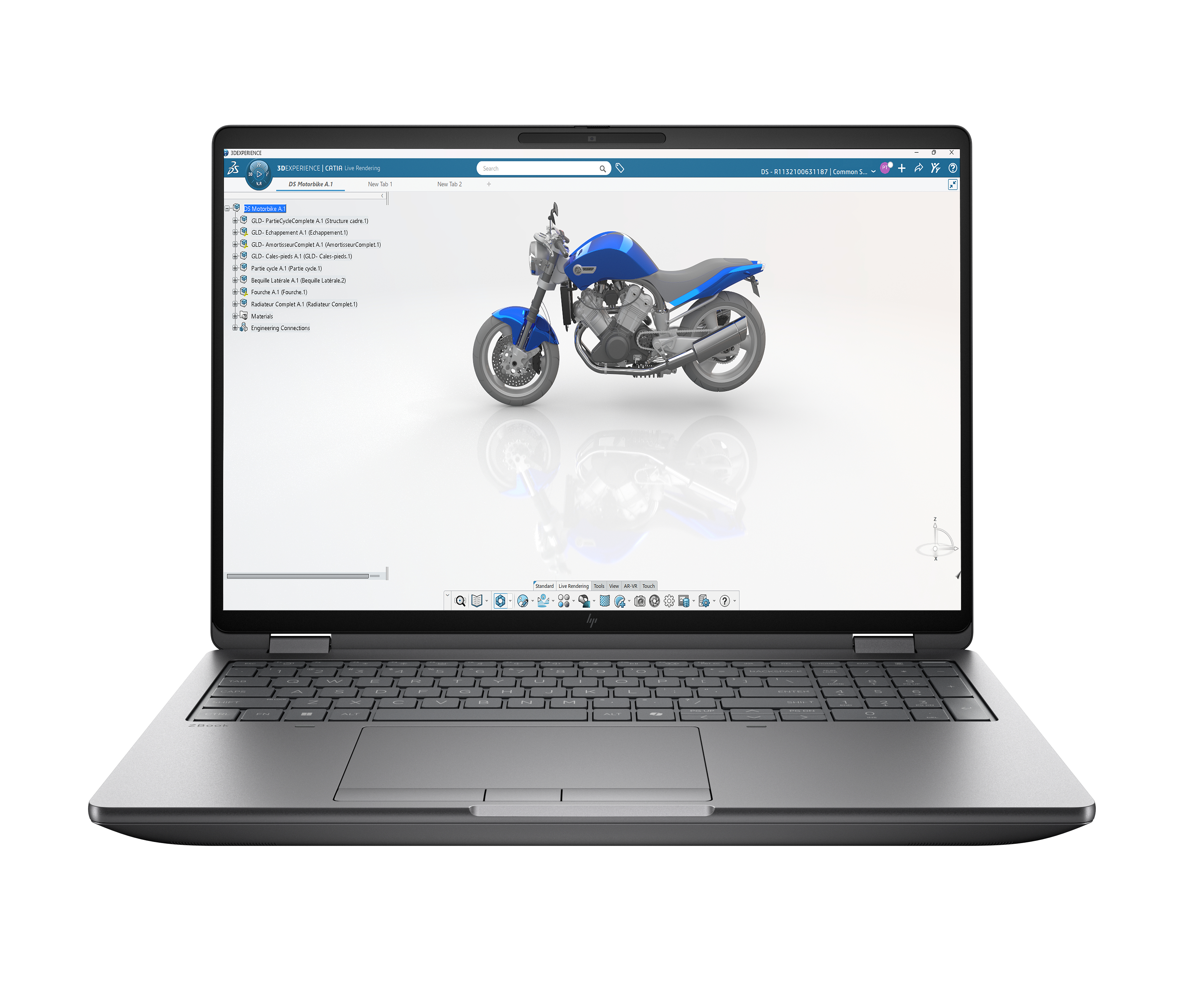 Un progetto 3D di moto blu è visualizzato sullo schermo di un laptop.