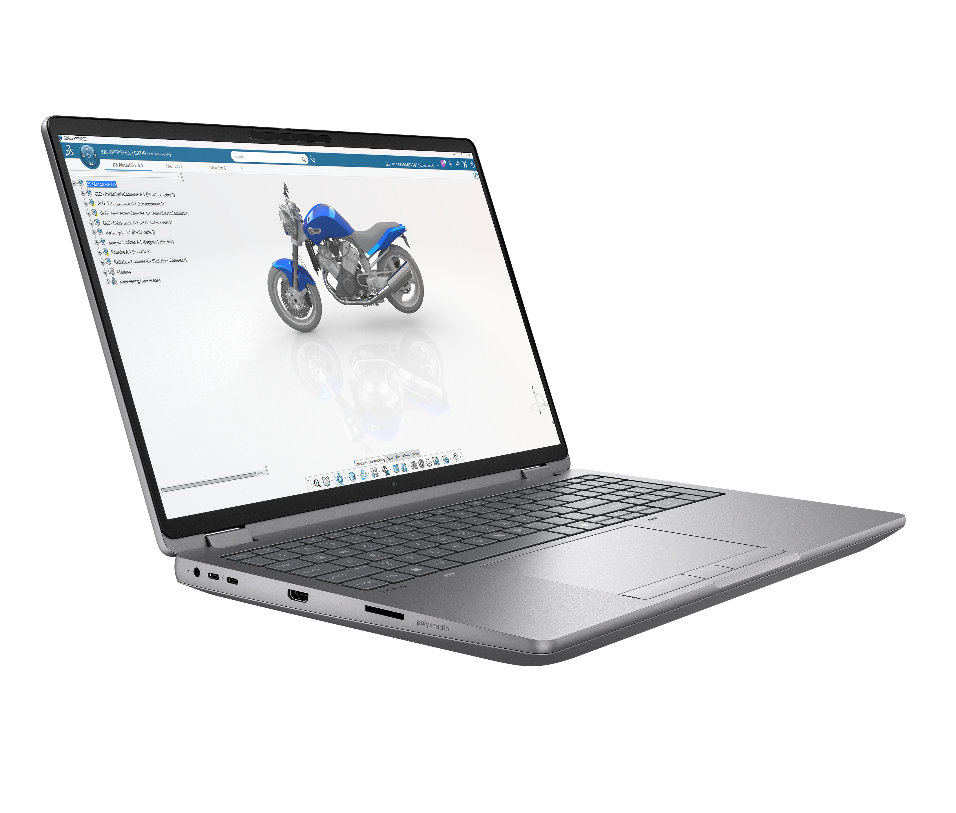 Un laptop mostra un modello 3D di moto blu sul suo schermo.