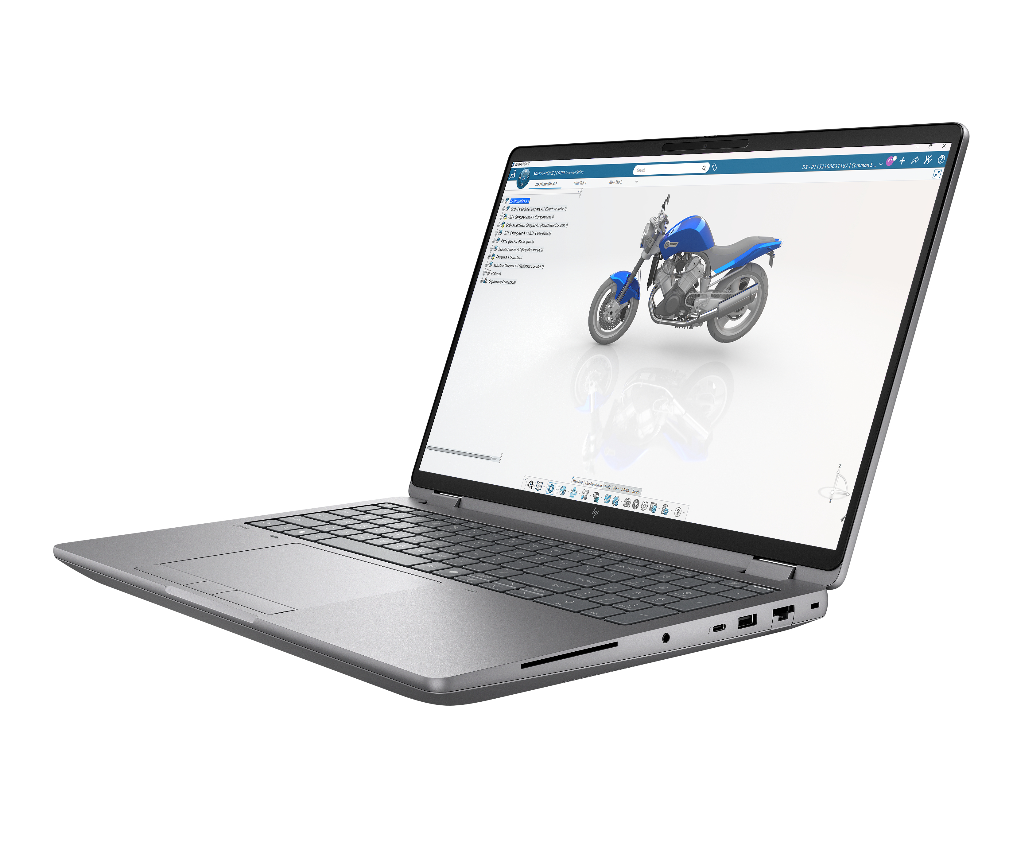 Un laptop argentato mostra un modello 3D di una moto blu sullo schermo.